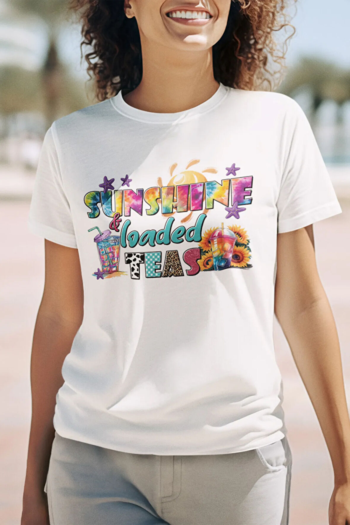 Sunshine Loaded Teas Baskılı Yaz Temalı Unisex Regular Fit Pamuklu Beyaz Tişört