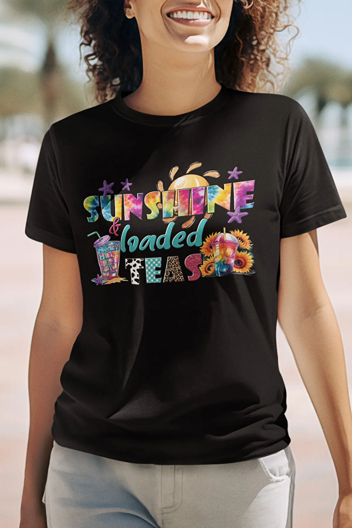 Sunshine Loaded Teas Baskılı Yaz Temalı Unisex Regular Fit Pamuklu Siyah Tişört