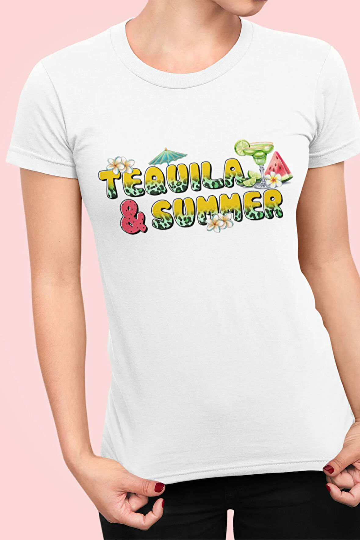 Tequila And Summer Baskılı Yaz Temalı Unisex Regular Fit Pamuklu Beyaz Tişört