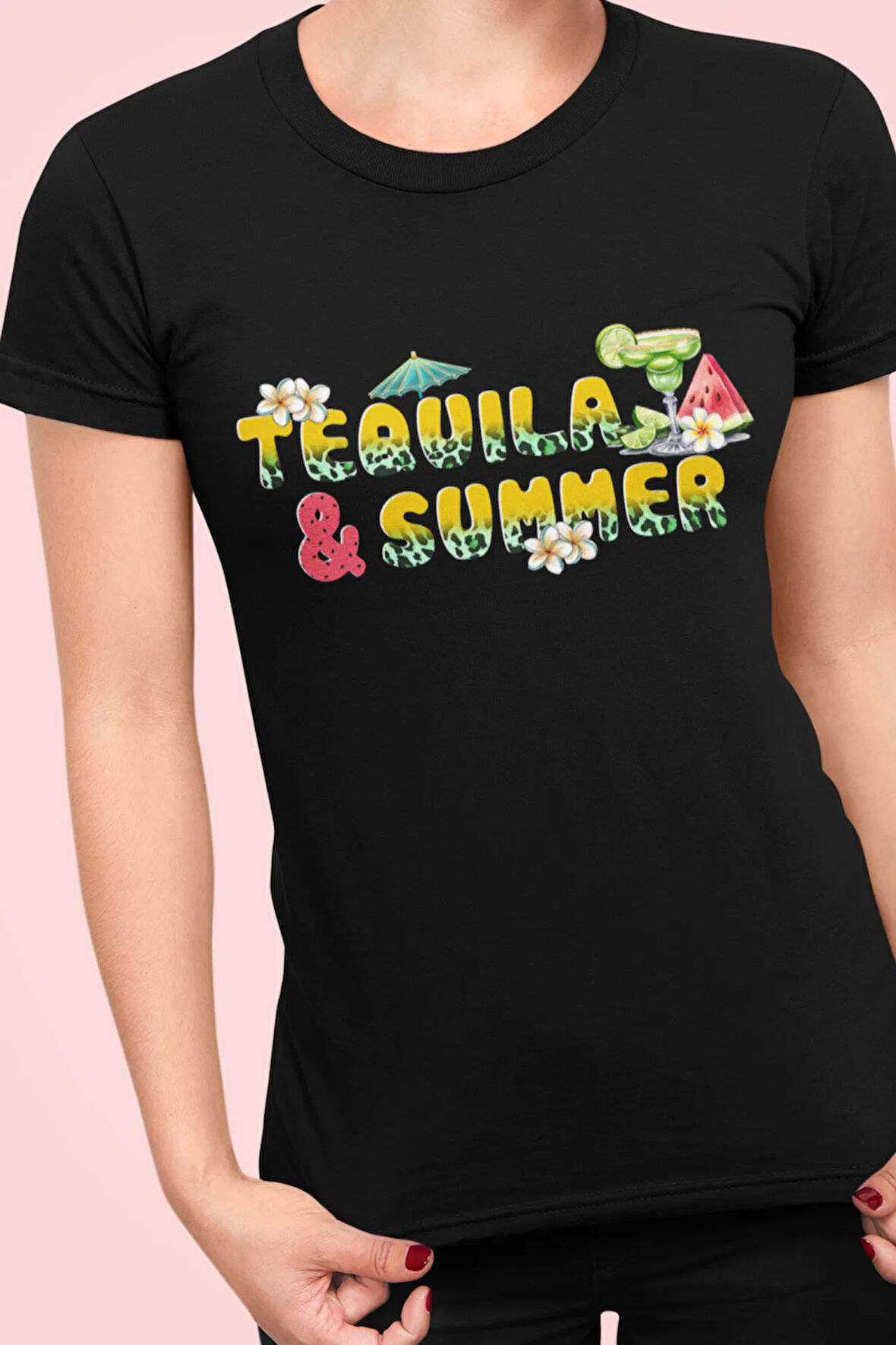 Tequila And Summer Baskılı Yaz Temalı Unisex Regular Fit Pamuklu Siyah Tişört