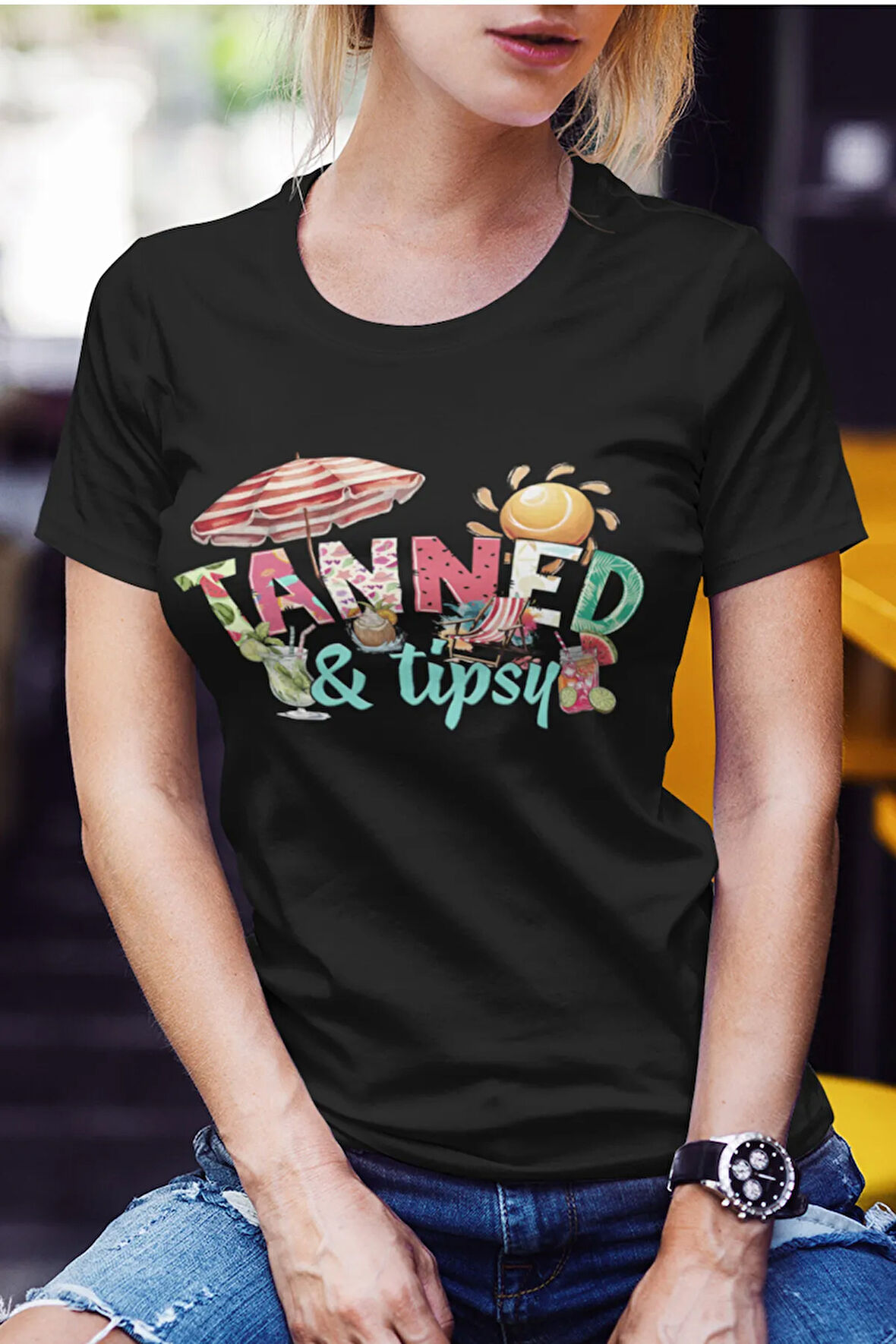 Tanned Tipsy Baskılı Yaz Temalı Unisex Regular Fit Pamuklu Siyah Tişört