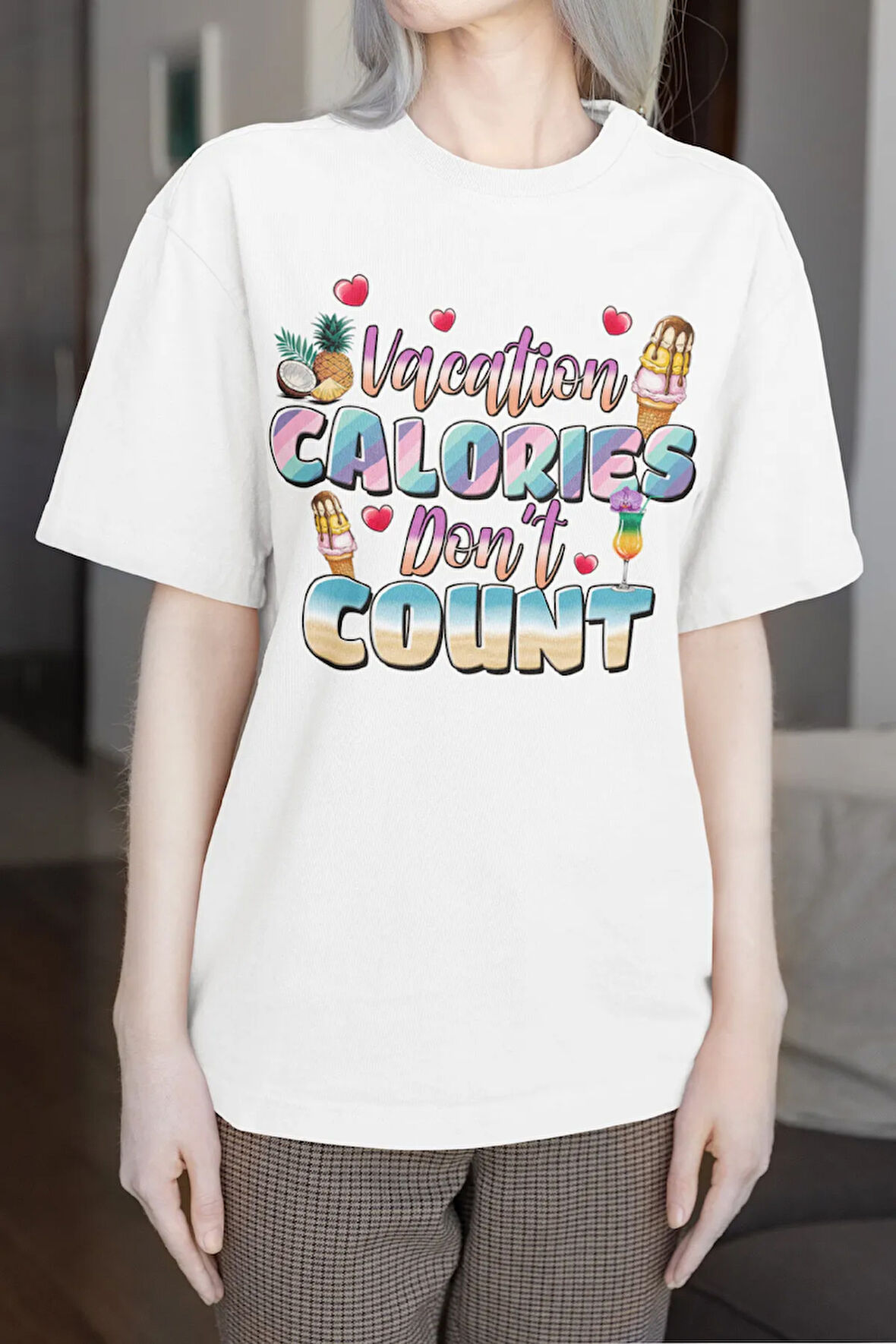 Vacation Caroies Dont Count Baskılı Yaz Temalı Unisex Regular Fit Pamuklu Beyaz Tişört