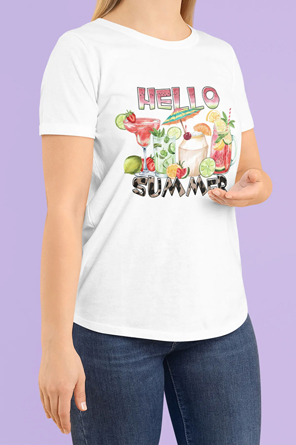 Hello Summer Baskılı Yaz Temalı Unisex Regular Fit Pamuklu Beyaz Tişört