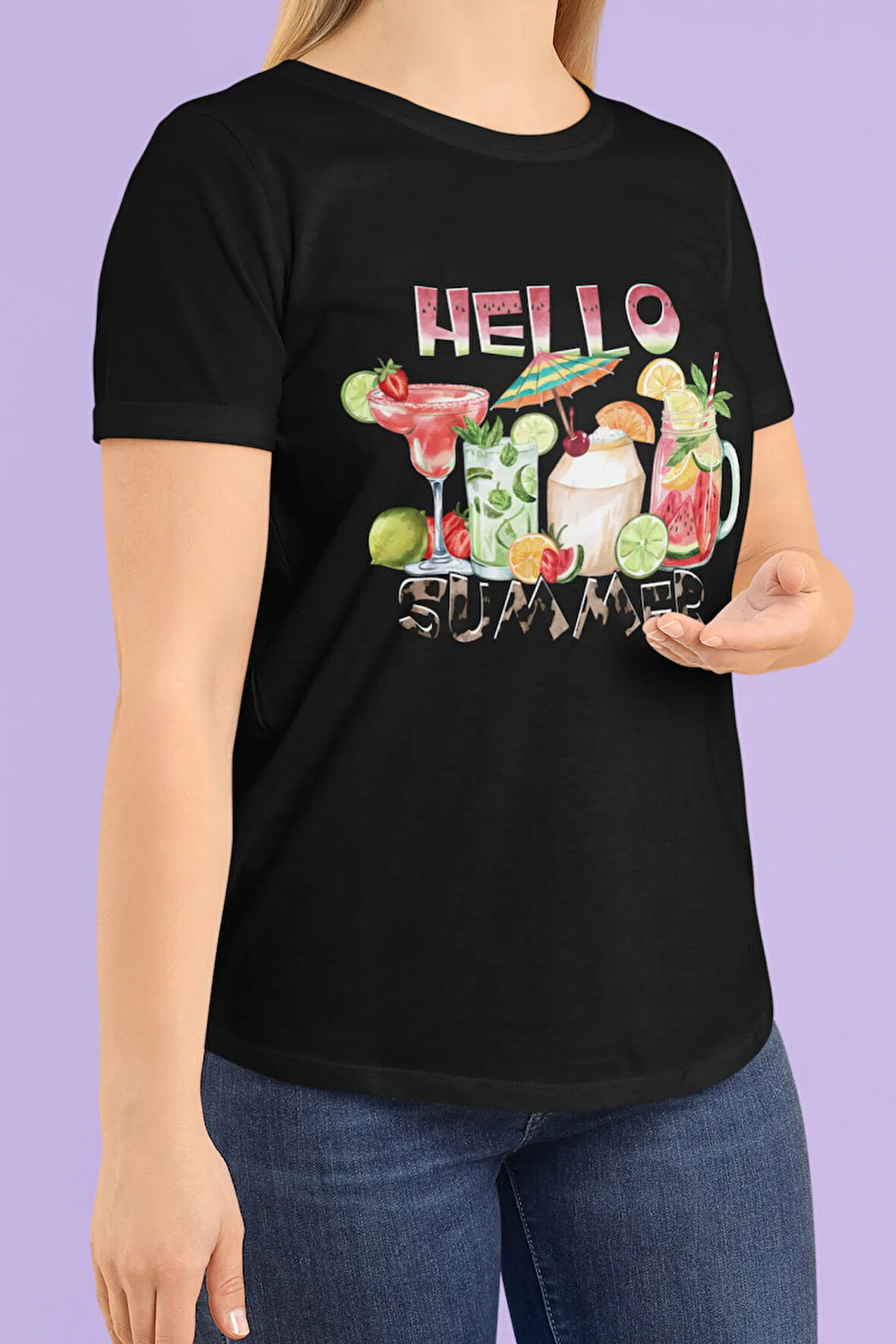 Hello Summer Baskılı Yaz Temalı Unisex Regular Fit Pamuklu Siyah Tişört