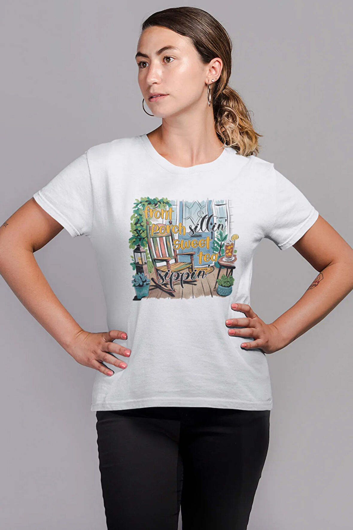 Front Porch Sittin Sweet Tea Sippin Baskılı Yaz Temalı Unisex Regular Fit Pamuklu Beyaz Tişört
