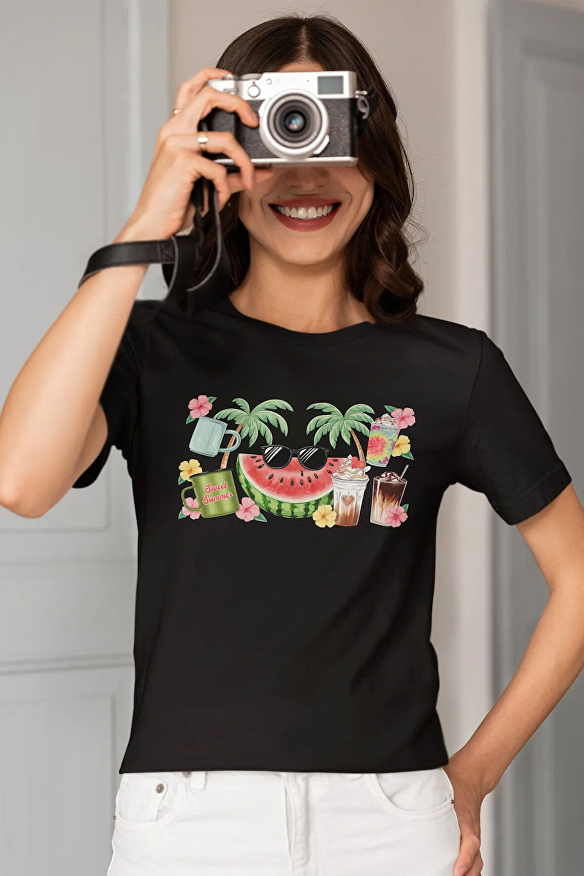 Sweet Summer Karpuz Baskılı Yaz Temalı Unisex Regular Fit Pamuklu Siyah Tişört