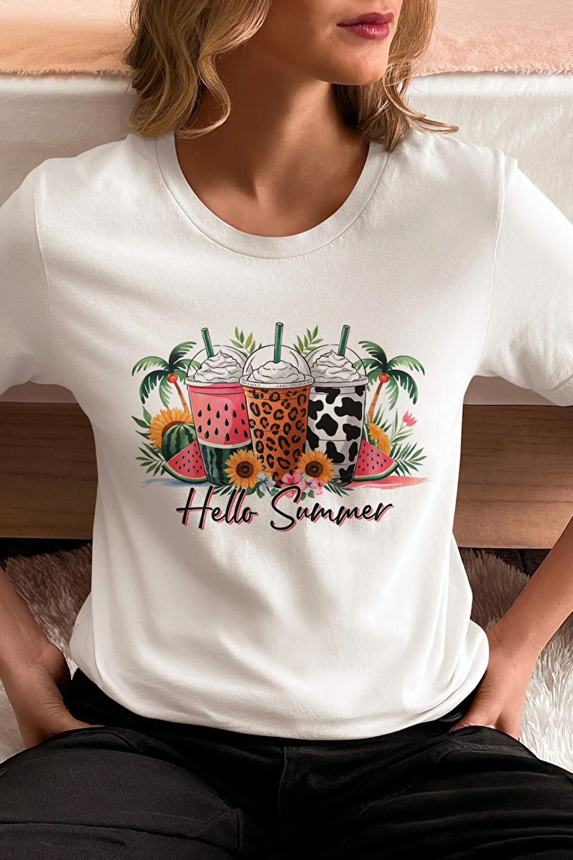 Hello Summer Baskılı Yaz Temalı Unisex Regular Fit Pamuklu Beyaz Tişört