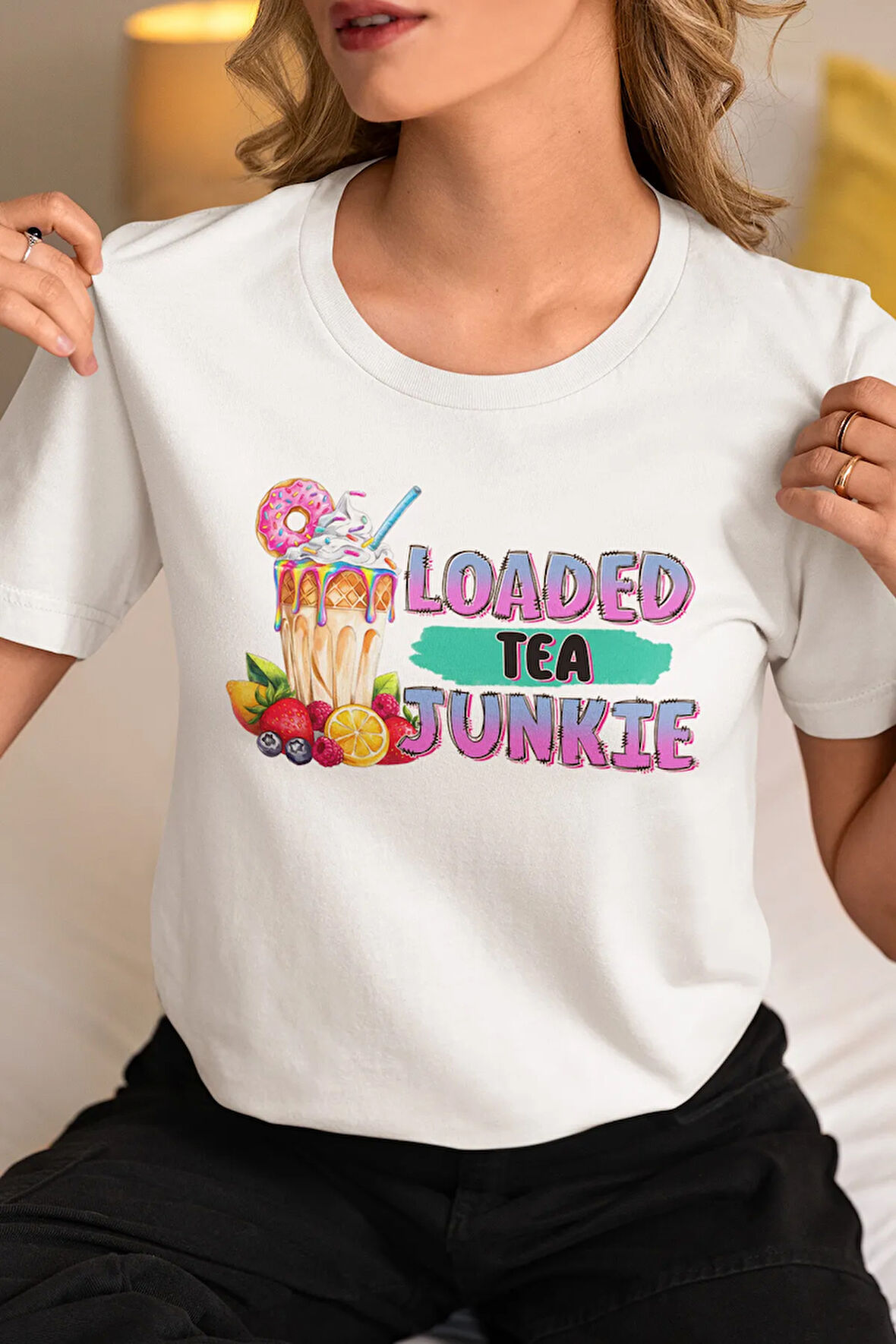 Loaded Tea Junkie Baskılı Yaz Temalı Unisex Regular Fit Pamuklu Beyaz Tişört