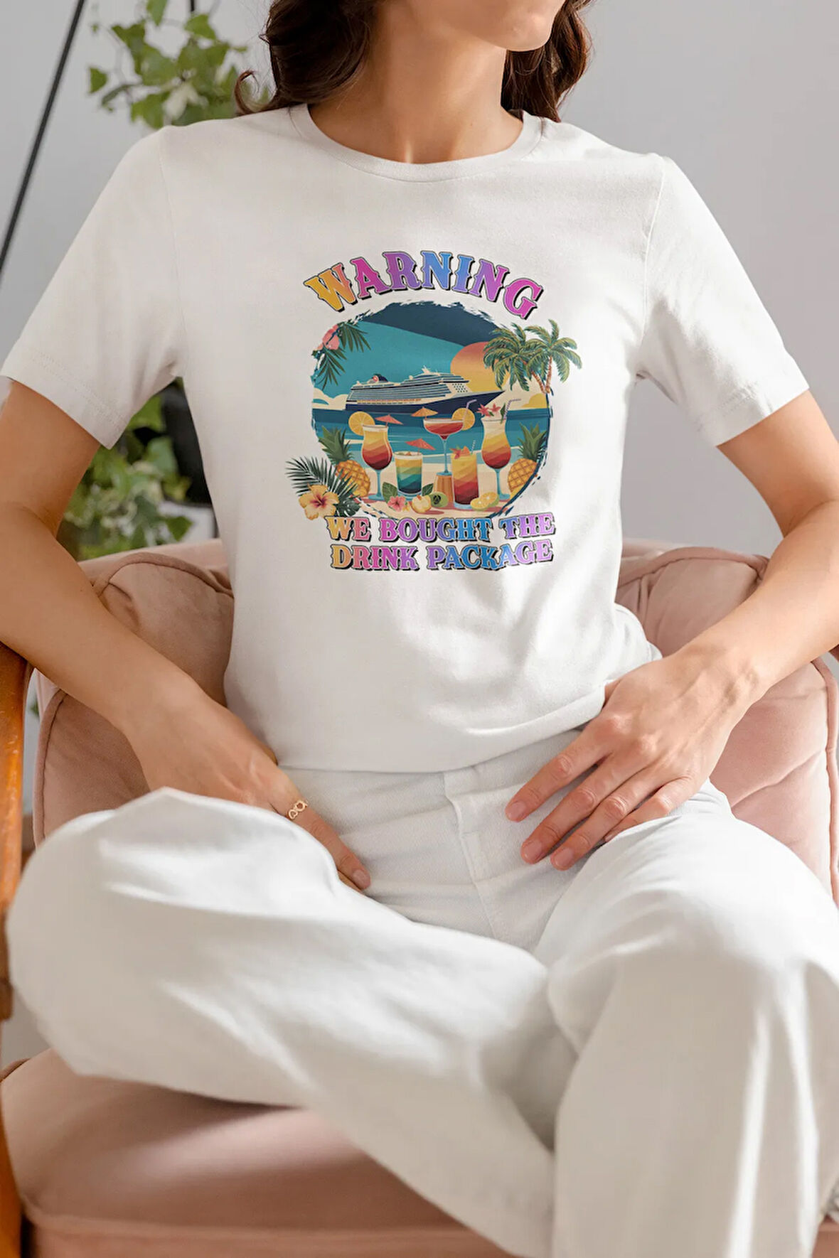 Warning We Bought The Drınk Package Baskılı Yaz Temalı Unisex Regular Fit Pamuklu Beyaz Tişört