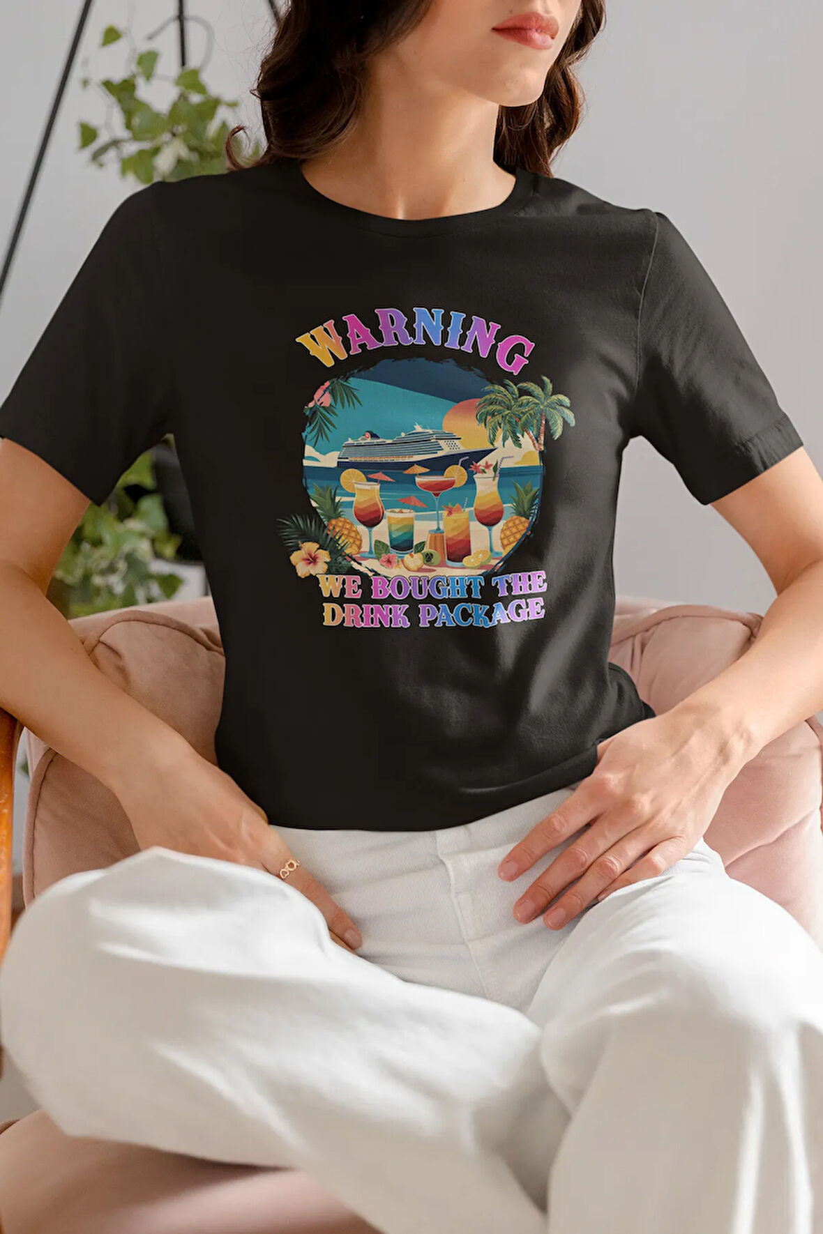 Warning We Bought The Drınk Package Baskılı Yaz Temalı Unisex Regular Fit Pamuklu Siyah Tişört