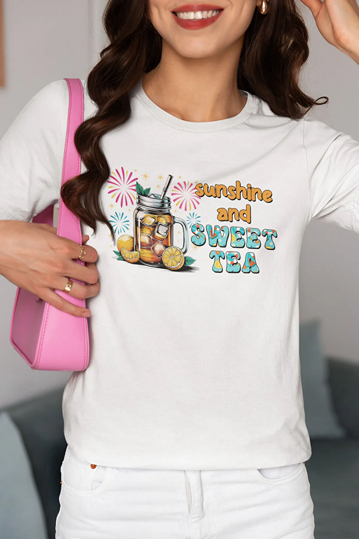 Sunshine And Sweet Tea Baskılı Yaz Temalı Unisex Regular Fit Pamuklu Beyaz Tişört