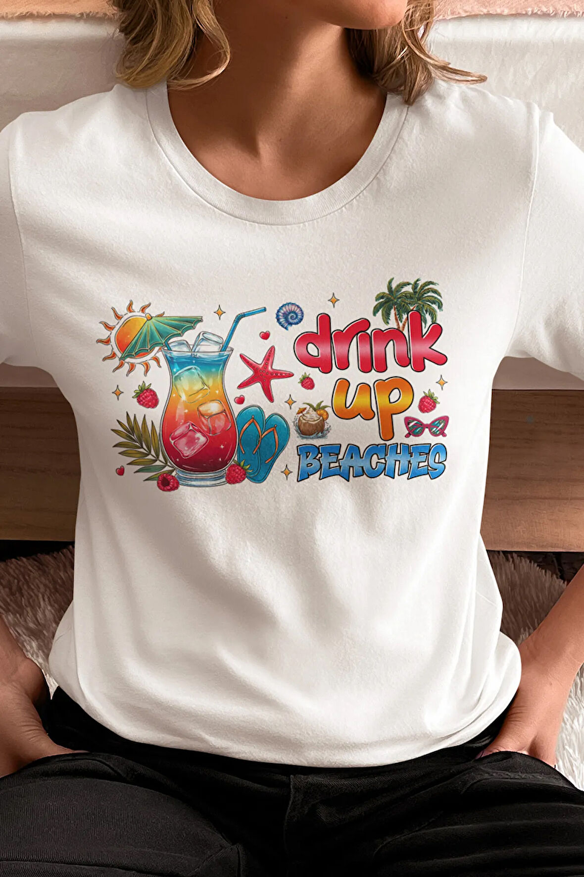 Drink Up Beaches Baskılı Yaz Temalı Unisex Regular Fit Pamuklu Beyaz Tişört