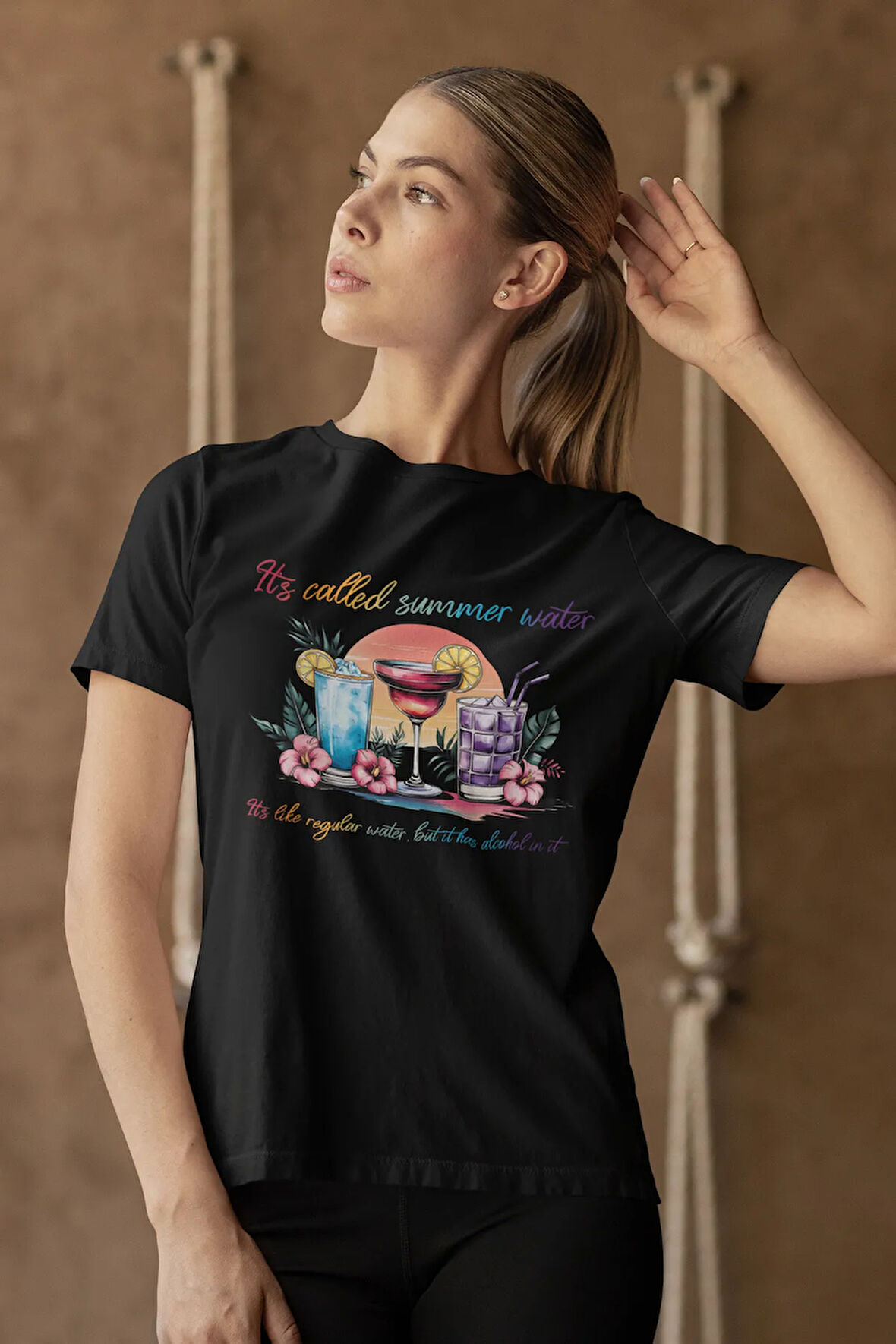 It'S Called Summer Water Baskılı Yaz Temalı Unisex Regular Fit Pamuklu Siyah Tişört