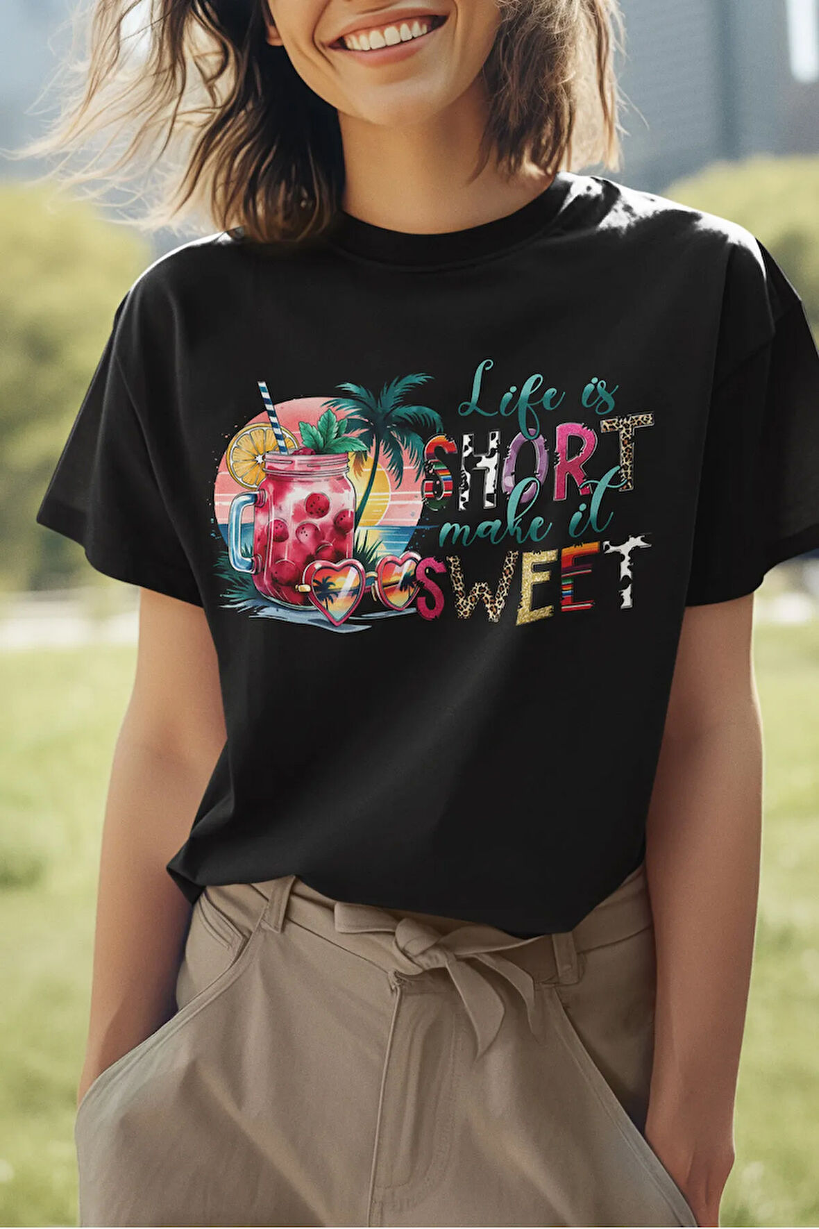 Life İs Short Make İt Better Baskılı Yaz Temalı Unisex Regular Fit Pamuklu Siyah Tişört