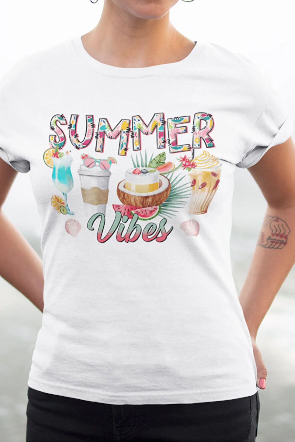 Summer Vibes Cocktails Baskılı Yaz Temalı Unisex Regular Fit Pamuklu Beyaz Tişört