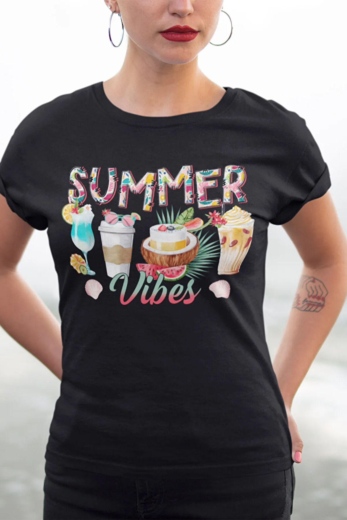 Summer Vibes Cocktails Baskılı Yaz Temalı Unisex Regular Fit Pamuklu Siyah Tişört