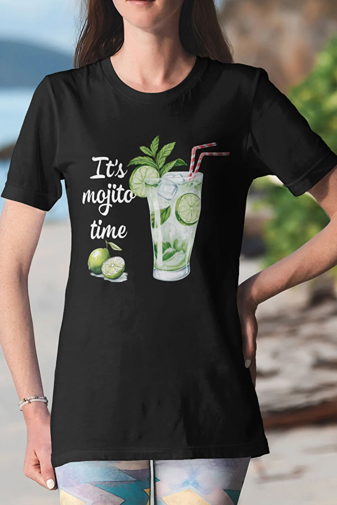Its Mojito Time Baskılı Yaz Temalı Unisex Regular Fit Pamuklu Siyah Tişört