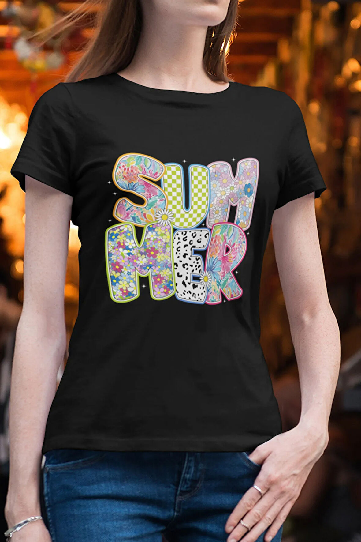 Summer Çiçekler Baskılı Yaz Temalı Unisex Regular Fit Pamuklu Siyah Tişört