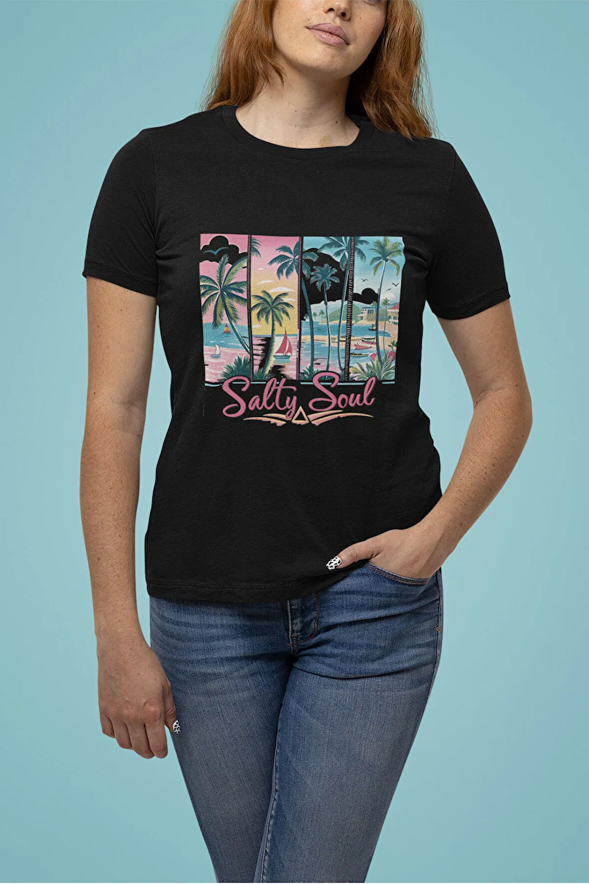 Summer Salty Soul Beach Baskılı Yaz Temalı Unisex Regular Fit Pamuklu Siyah Tişört