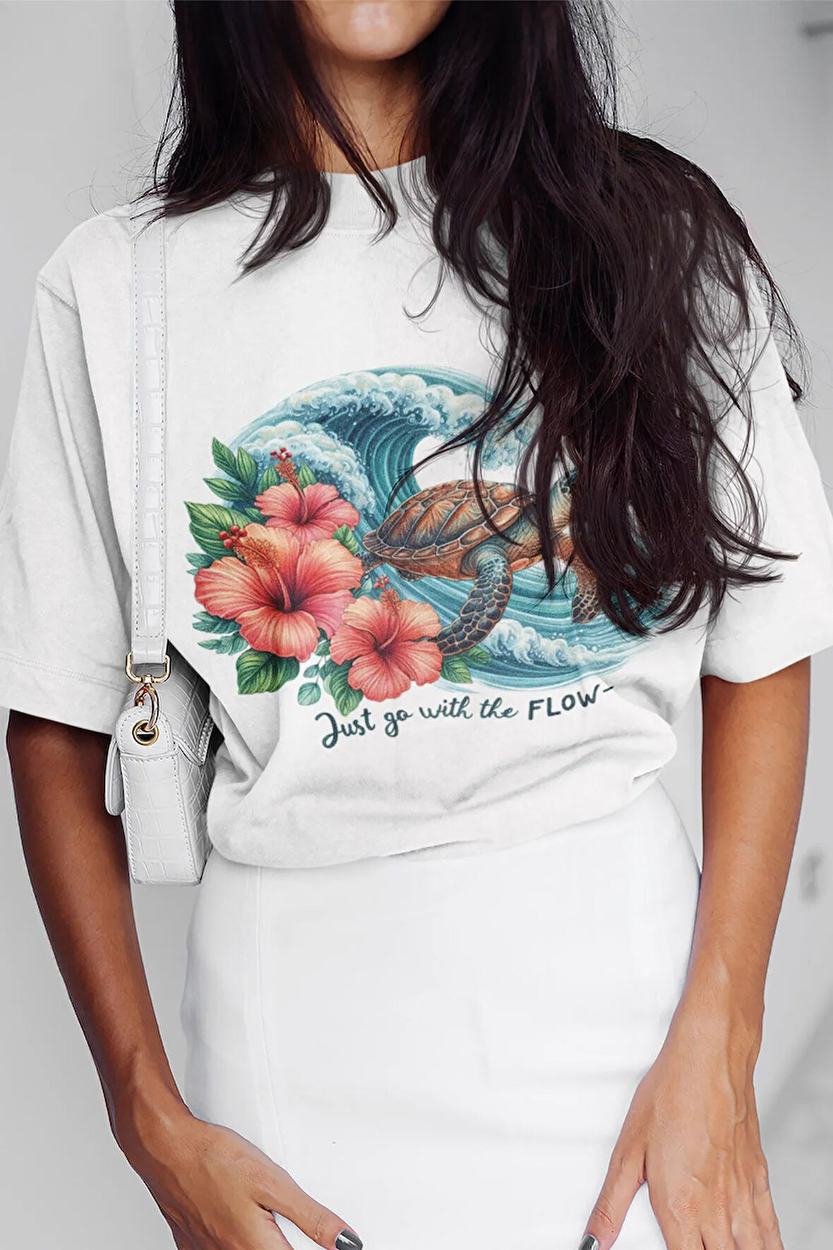 Just Go With The Flow Baskılı Yaz Temalı Unisex Regular Fit Pamuklu Beyaz Tişört