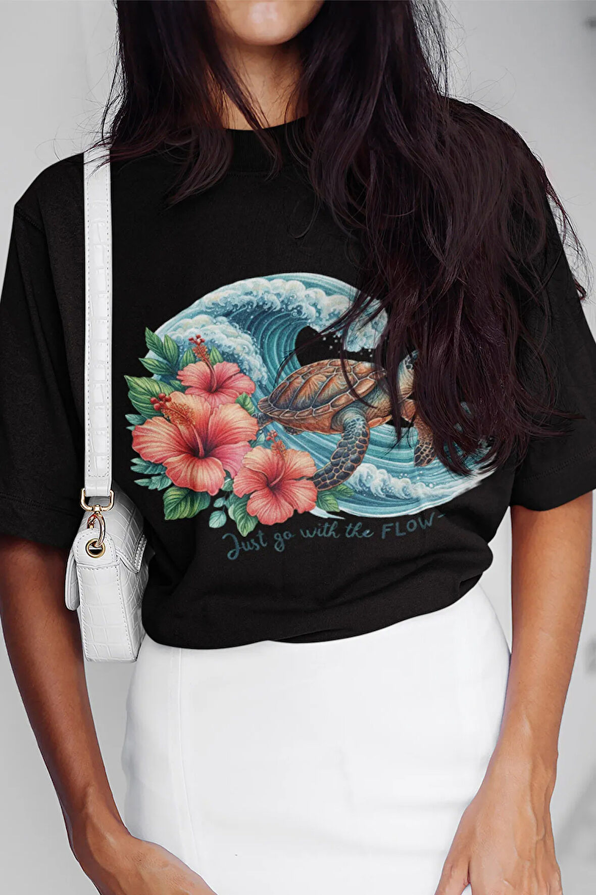 Just Go With The Flow Baskılı Yaz Temalı Unisex Regular Fit Pamuklu Siyah Tişört