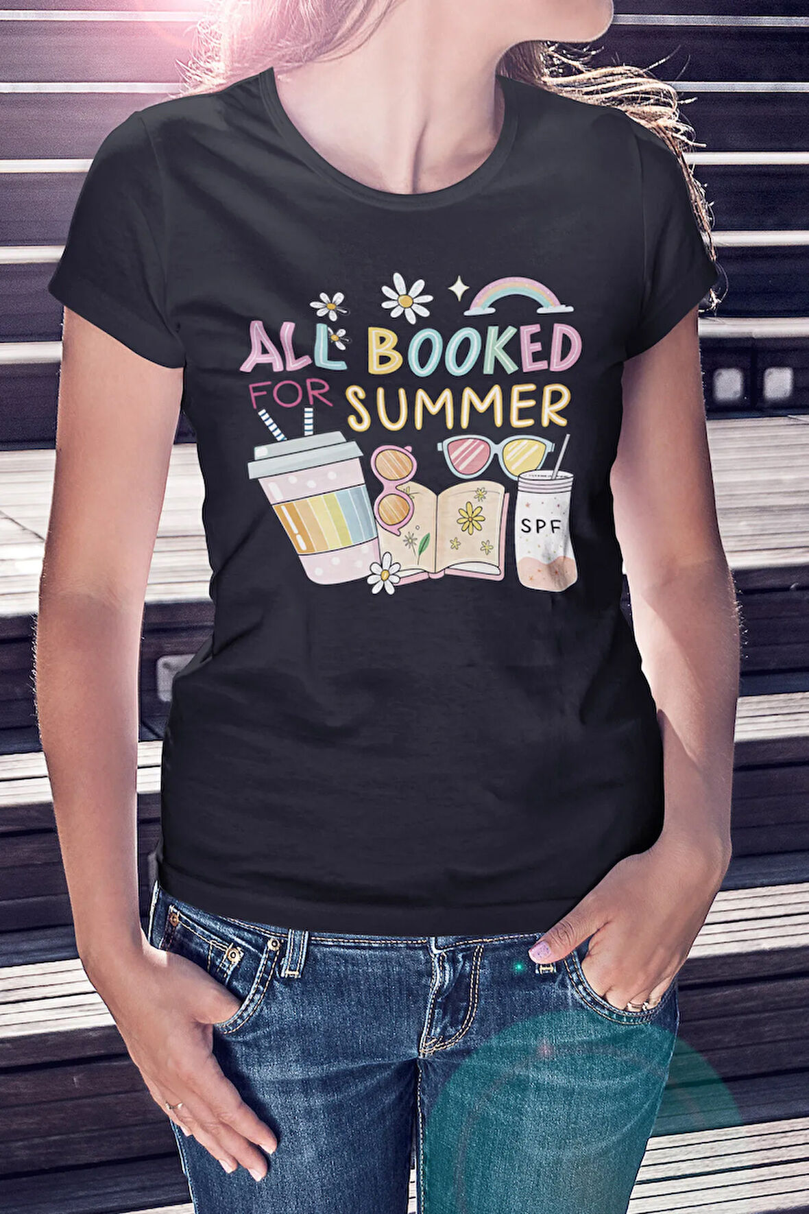 All Booked For Summer Baskılı Yaz Temalı Unisex Regular Fit Pamuklu Siyah Tişört