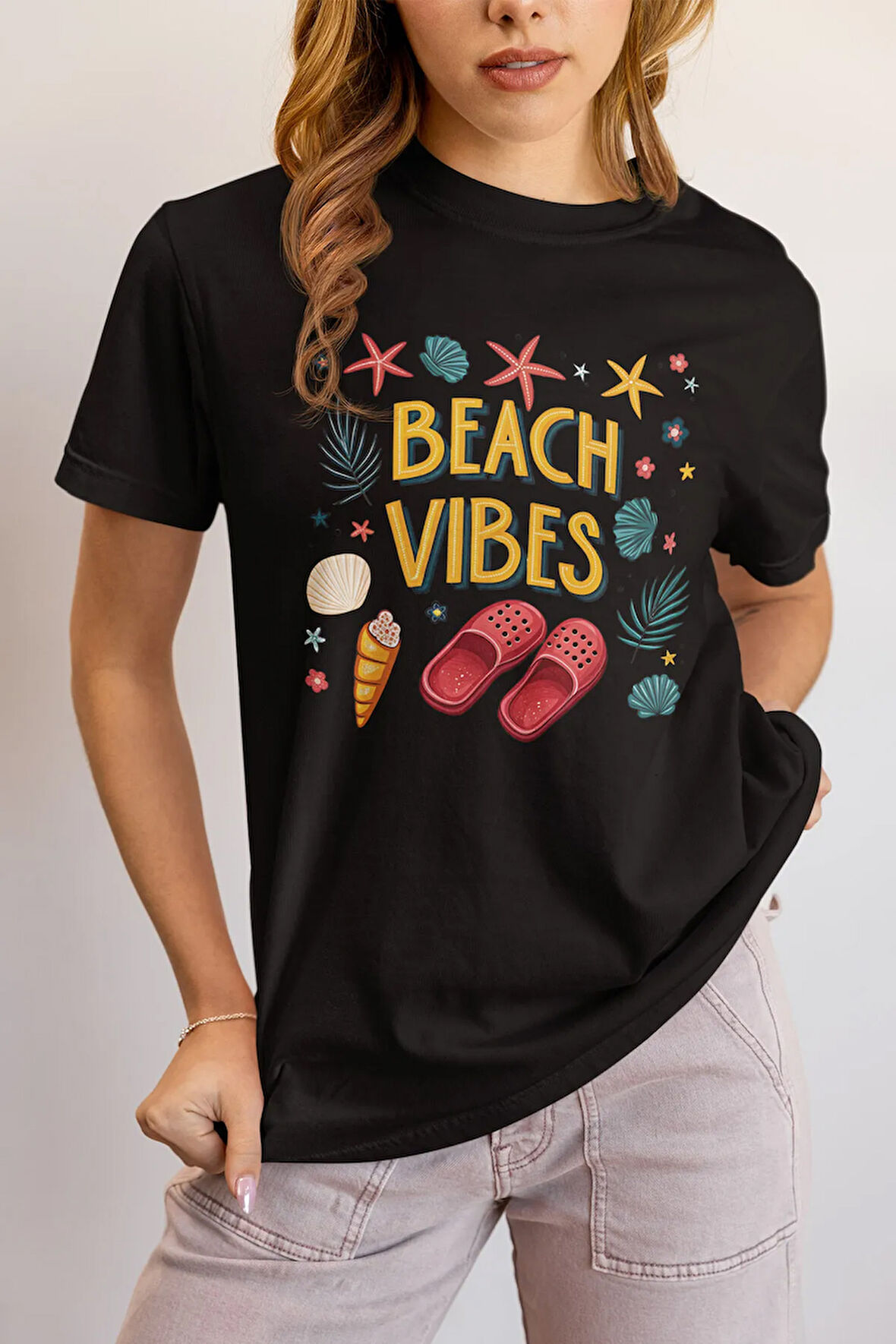Beach Vibes Sahil Kum Terlik Baskılı Yaz Temalı Unisex Regular Fit Pamuklu Siyah Tişört