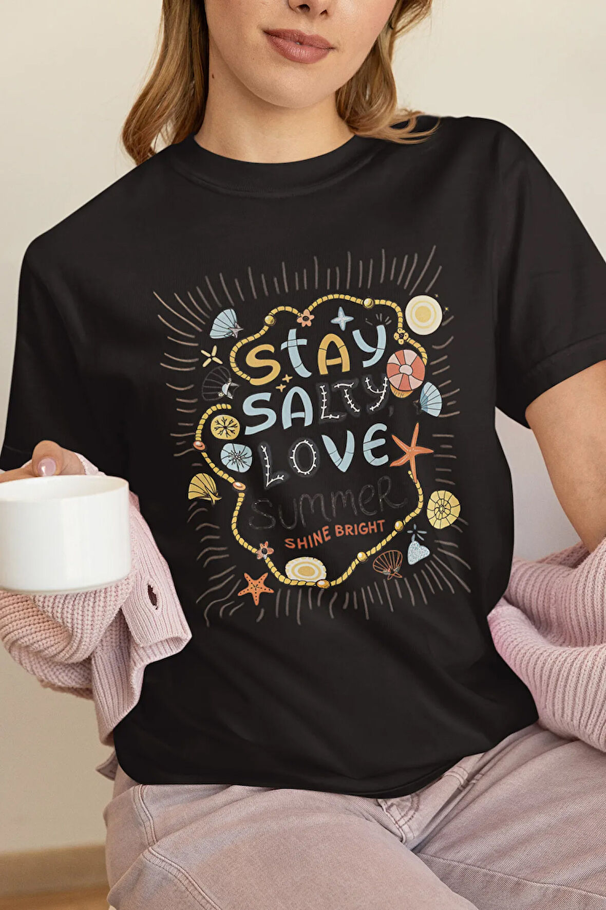 Boho Love Summer Bracelet Baskılı Yaz Temalı Unisex Regular Fit Pamuklu Siyah Tişört