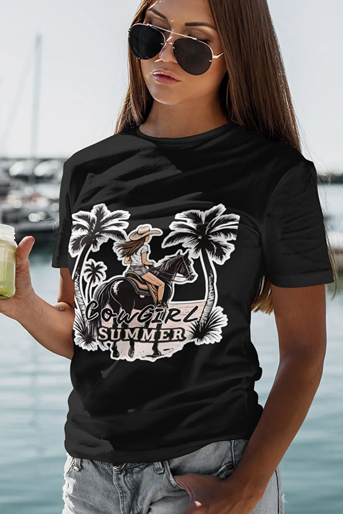 Cowgirl Summer Baskılı Yaz Temalı Unisex Regular Fit Pamuklu Siyah Tişört