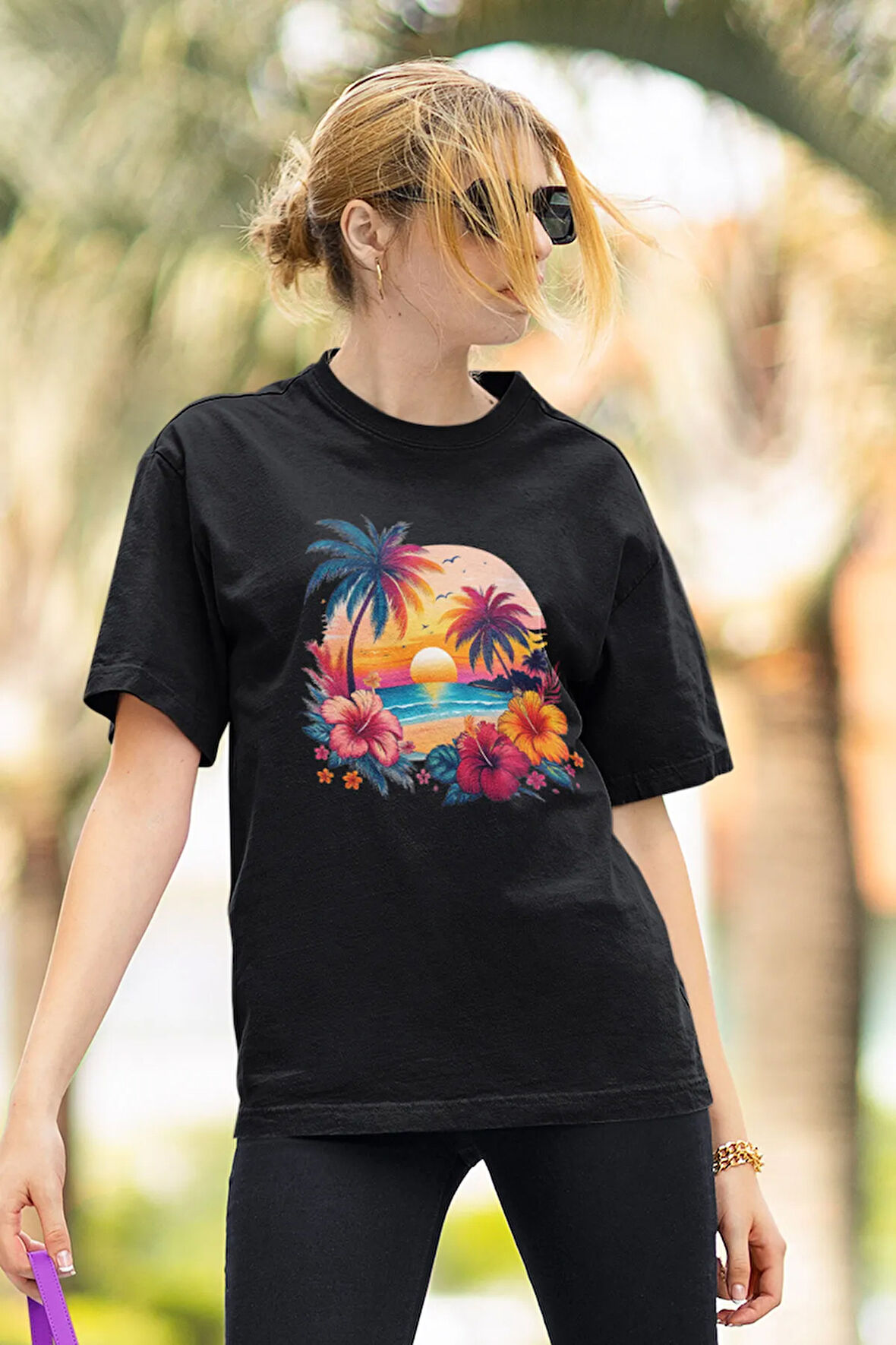 Gün Batımı Baskılı Tropikal Hayvanlar Unisex Regular Fit Pamuklu Siyah Tişört