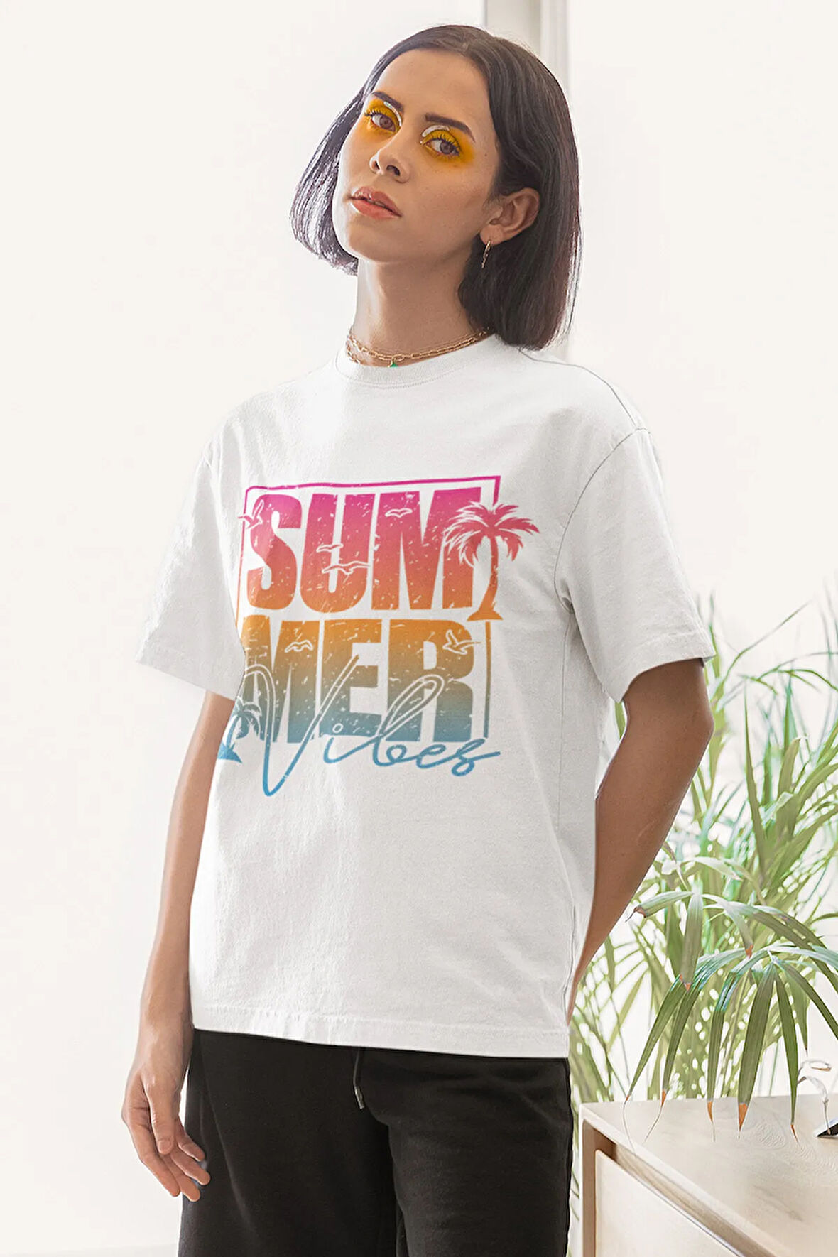 Retro Summer Vibes Palmiye Baskılı Yaz Temalı Unisex Regular Fit Pamuklu Beyaz Tişört