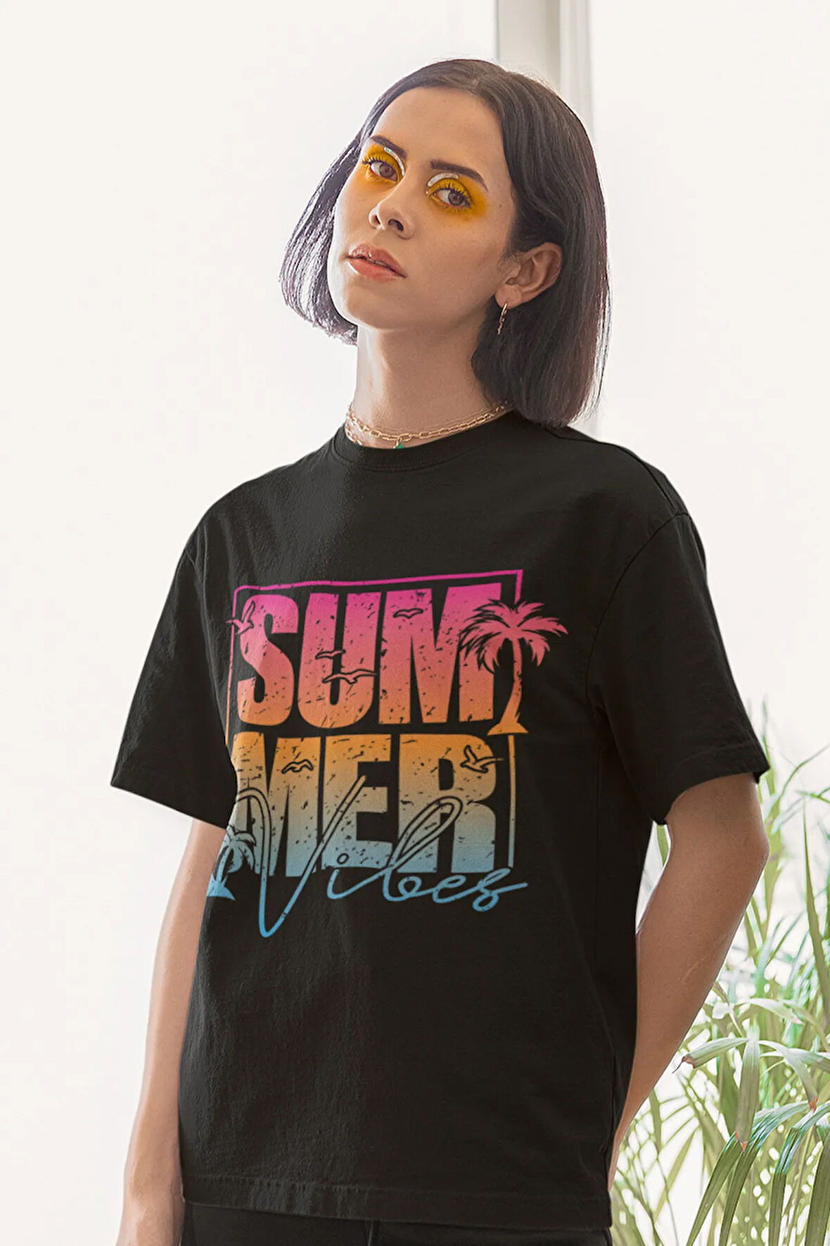 Retro Summer Vibes Palmiye Baskılı Yaz Temalı Unisex Regular Fit Pamuklu Siyah Tişört
