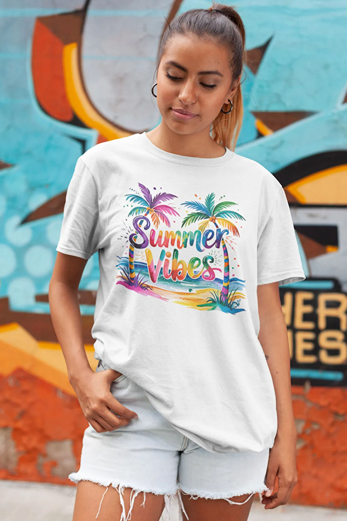 Summer Vibes Renkli Palmiyeler Baskılı Yaz Temalı Unisex Regular Fit Pamuklu Beyaz Tişört