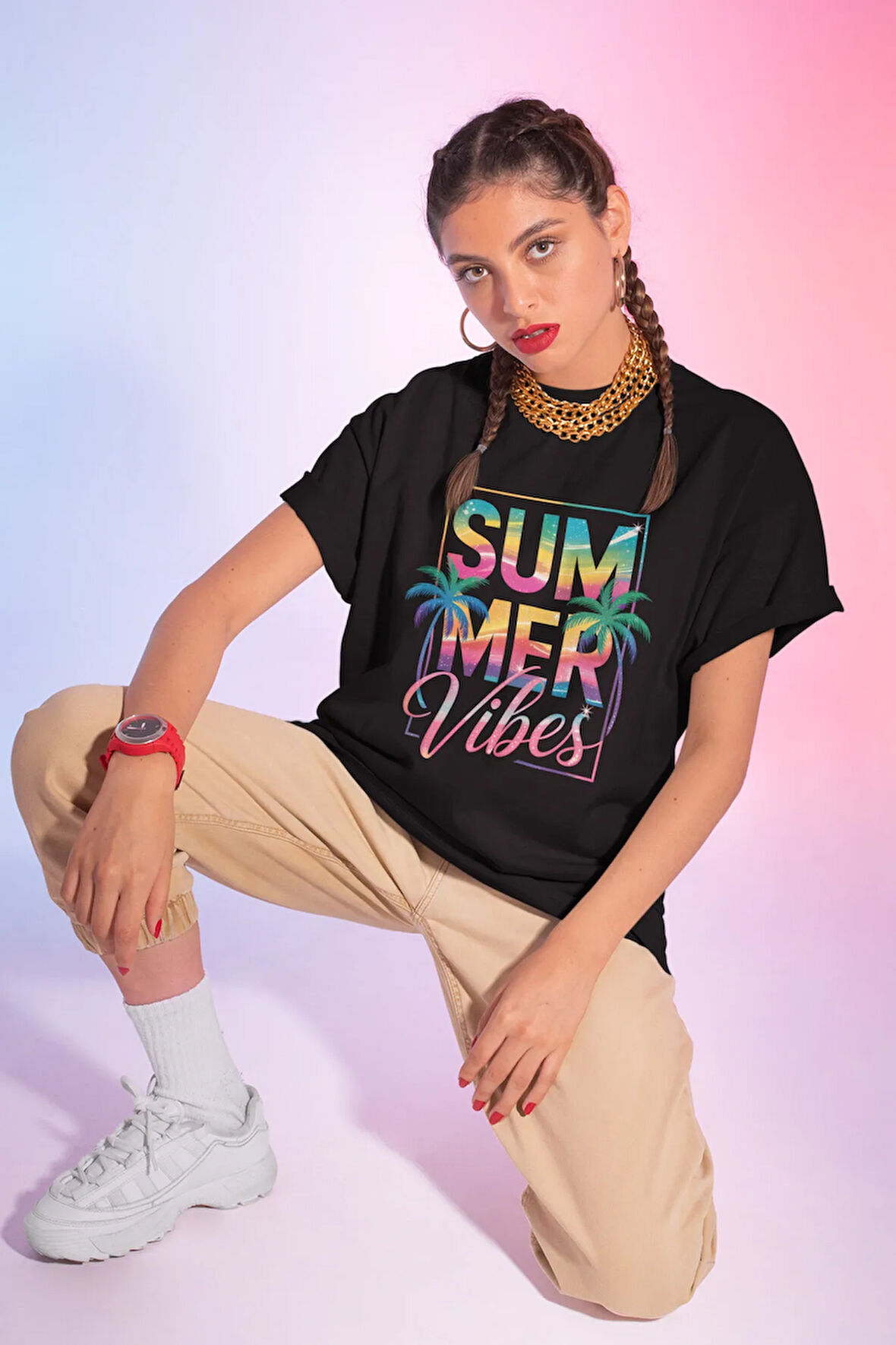 Summer Vibes Tropikal Baskılı Yaz Temalı Unisex Regular Fit Pamuklu Siyah Tişört