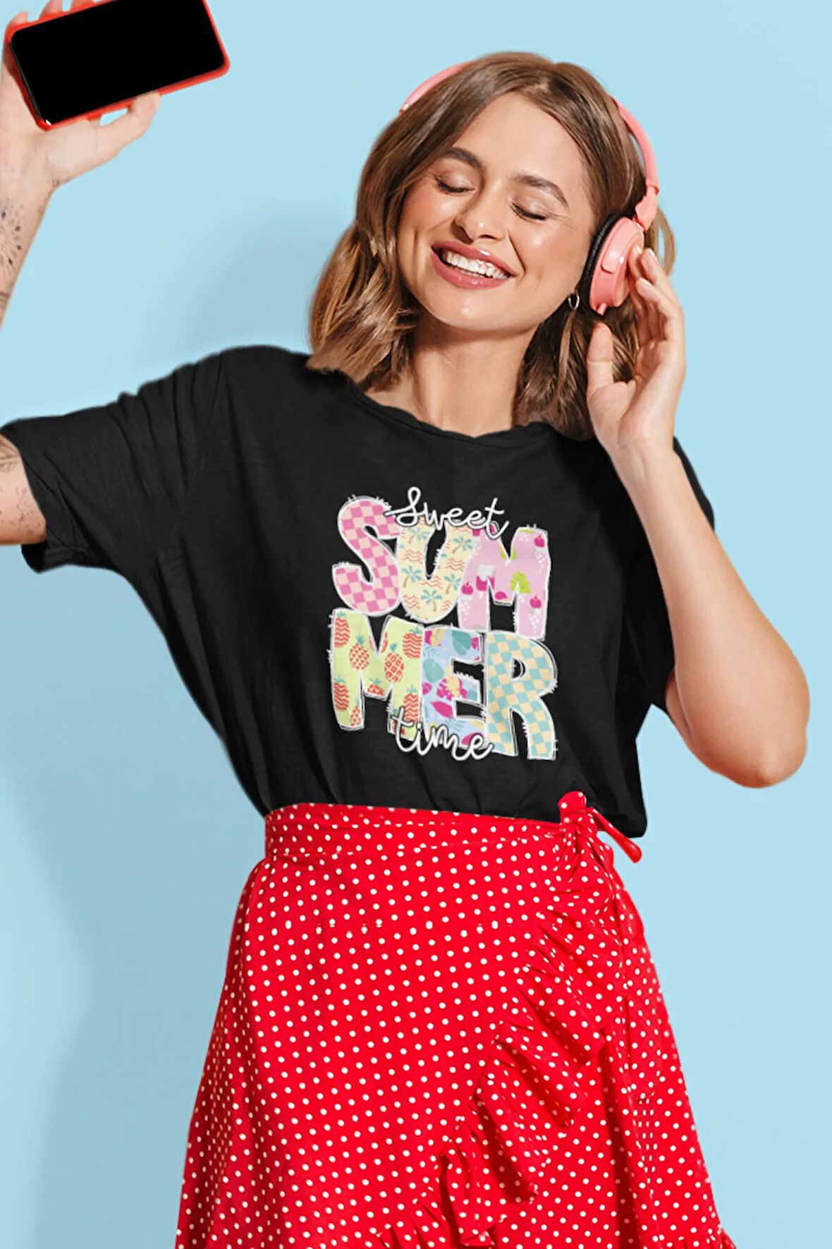 Sweet Summer Time Baskılı Yaz Temalı Unisex Regular Fit Pamuklu Siyah Tişört