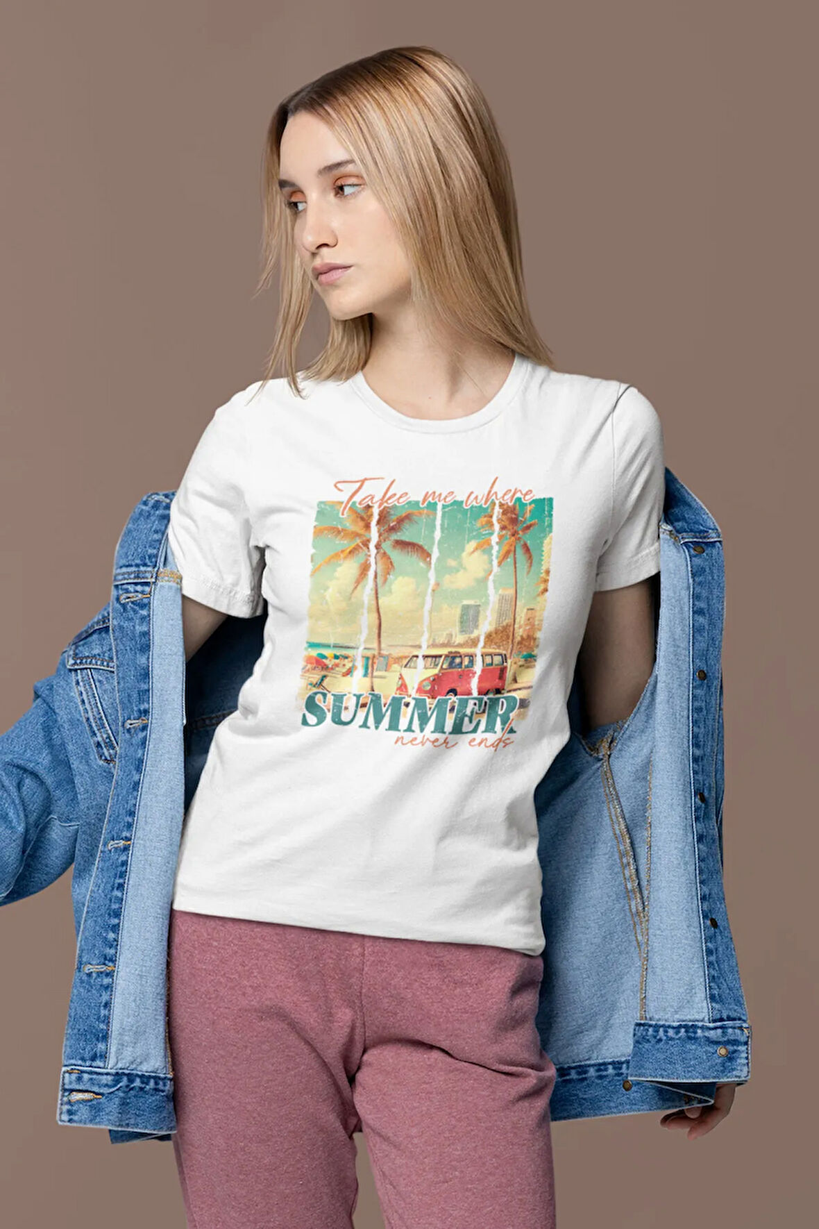 Take Me Where Summer Never Ends Baskılı Yaz Temalı Unisex Regular Fit Pamuklu Beyaz Tişört