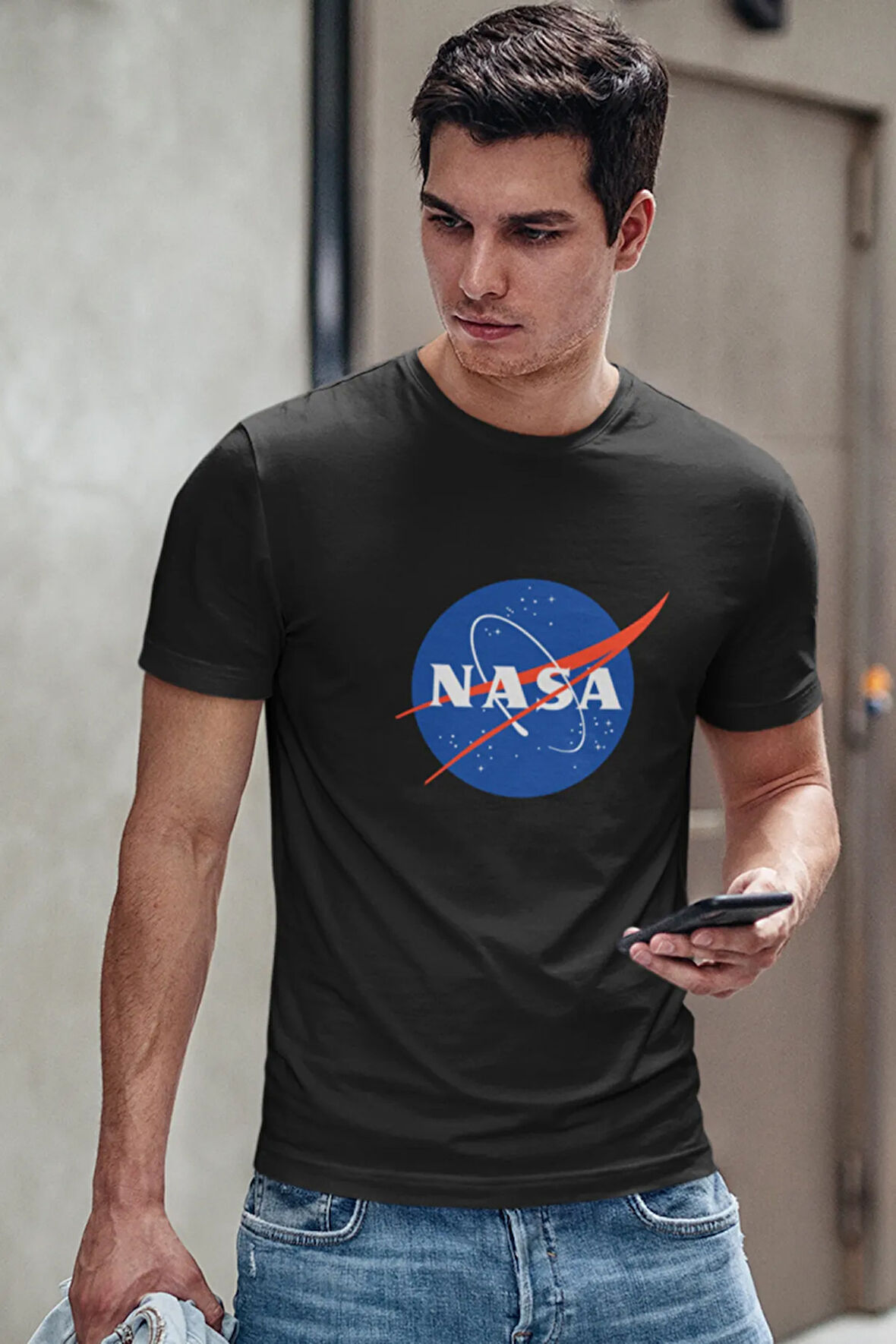 Uzay Temalı Nasa Baskılı Siyah Unisex T-shirt