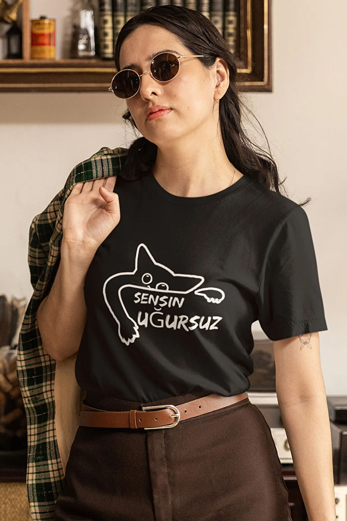 Sensin Uğursuz-Kara Kedi Baskılı Eğlenceli Komik Hediyelik Siyah Unisex T-Shirt
