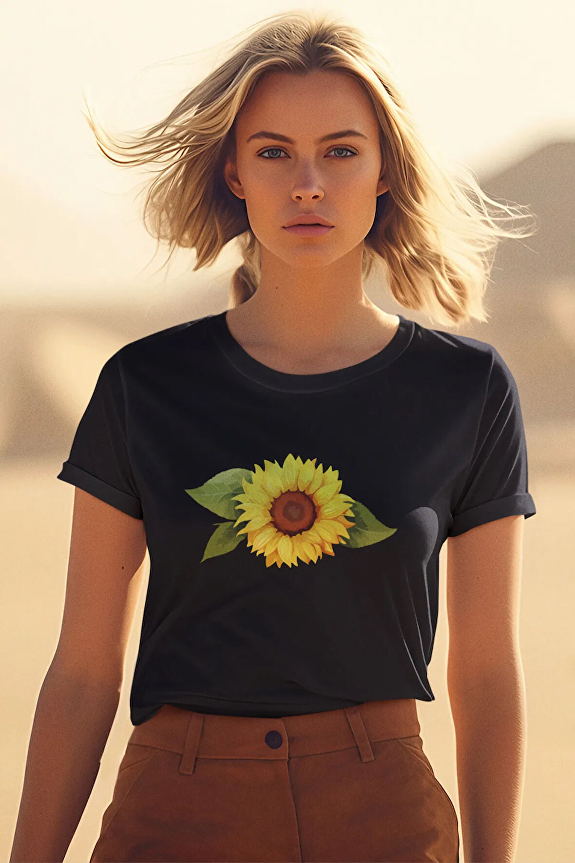 Ay Çiçeği Baskılı Siyah Unisex T-Shirt