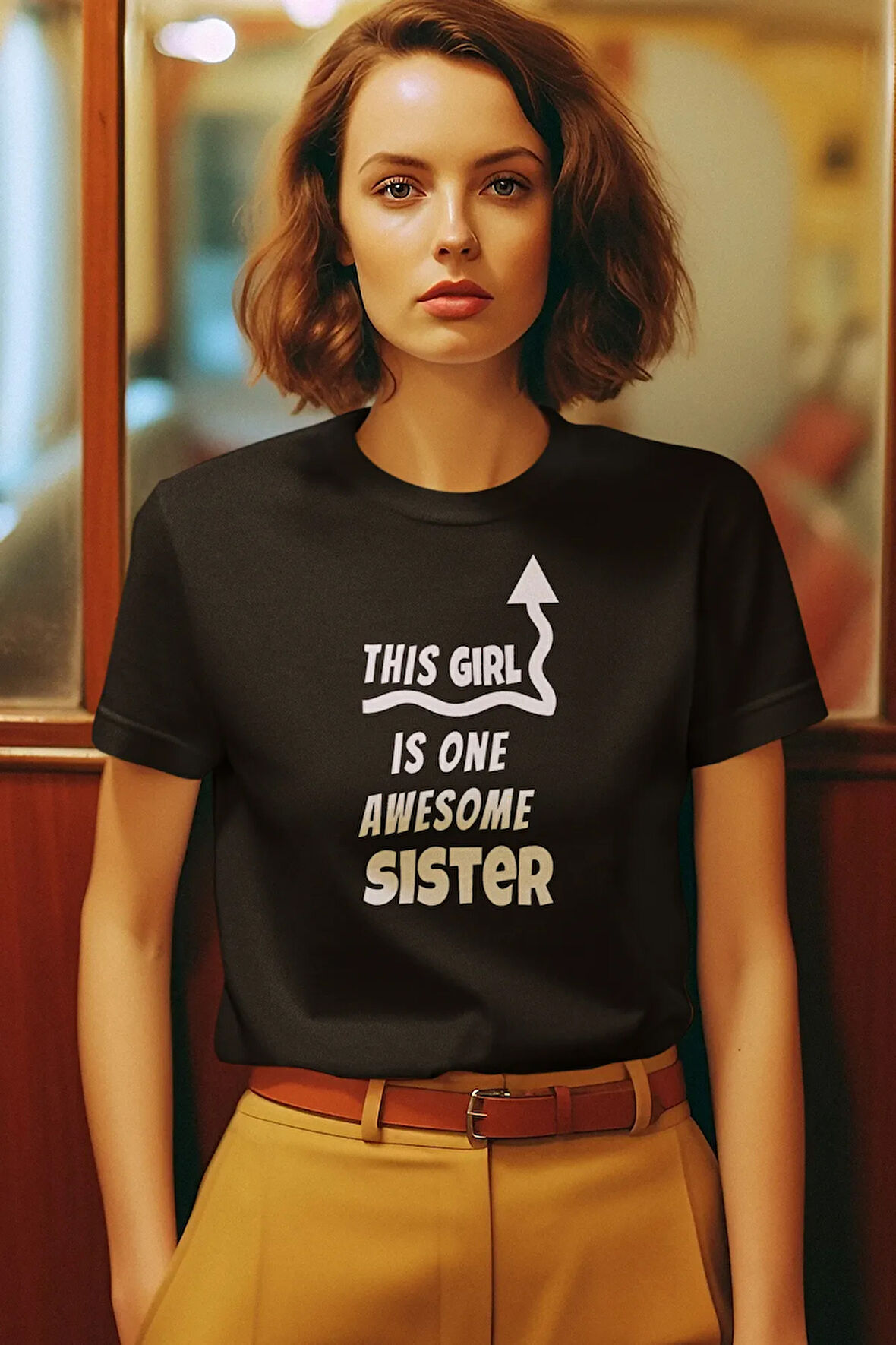 This Girl Is One Awesome Sister Baskılı Kız Kardeş Abla Hediye %100 Pamuk Siyah Tişört