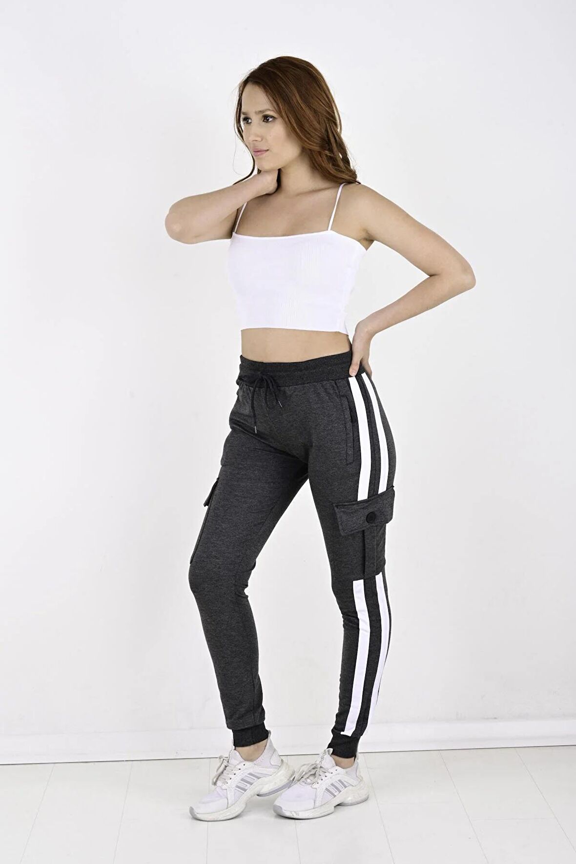 2 Iplik Yanları Şeritli,kargo Cepli Kadın Eşofman Altı-8831