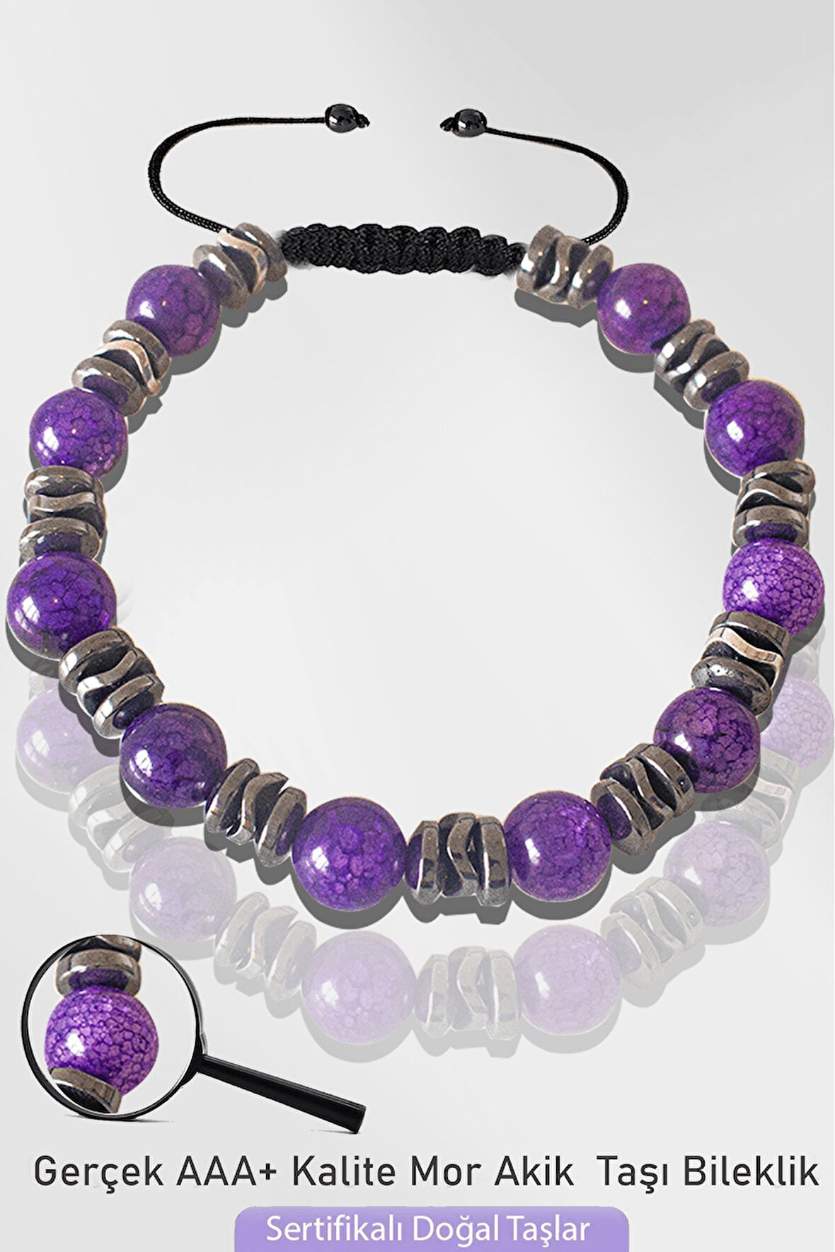 Sertifikalı Silver Hematitli Doğal Damarlı Mor Akik Taşı Bileklik - Ayarlamalı
