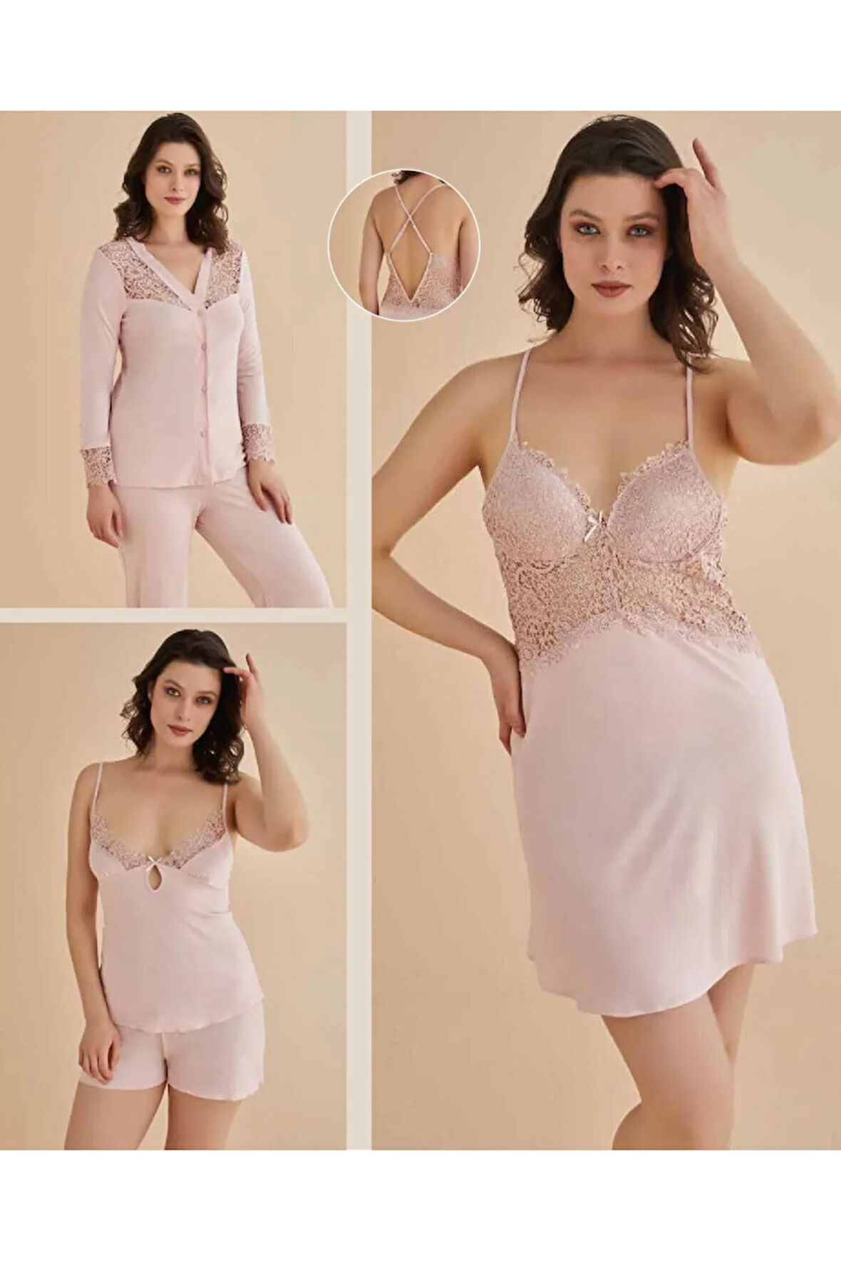 Kadın Pudra Gecelik&Sabahlık&Şortlu Takım&Pijama Takımı 6'lı Penye Gelin Çeyizlik Set Q5.8.DKUKCHSS