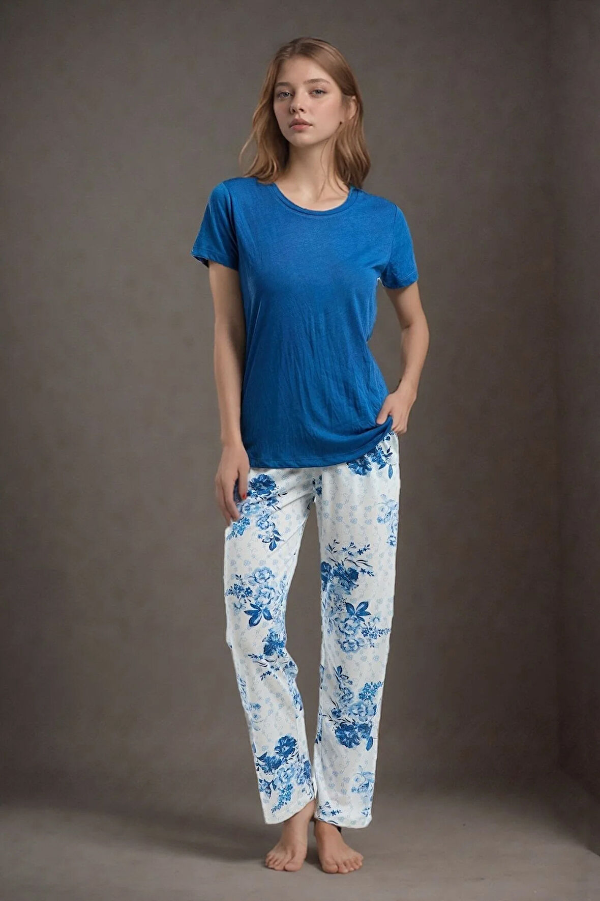 Kadın Kısa Kol Geniş Yaka Lacivert Viskon Pijama Takımı Q9P0K7C9K