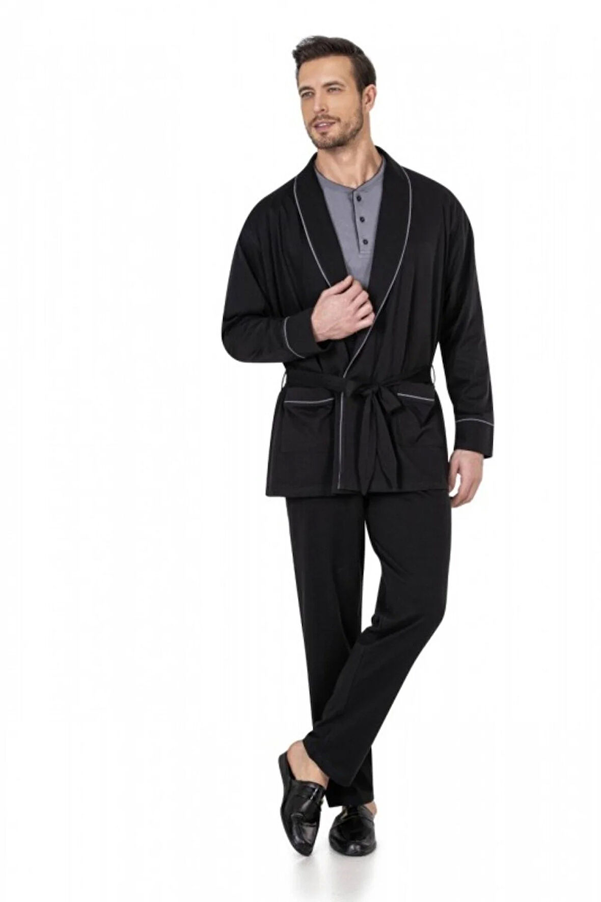 Erkek Robdöşambırlı - %100 Pamuklu Pijama Takımı 3'lü Kutulu Damat Çeyiz Seti 6.Q.7K.1.K.6