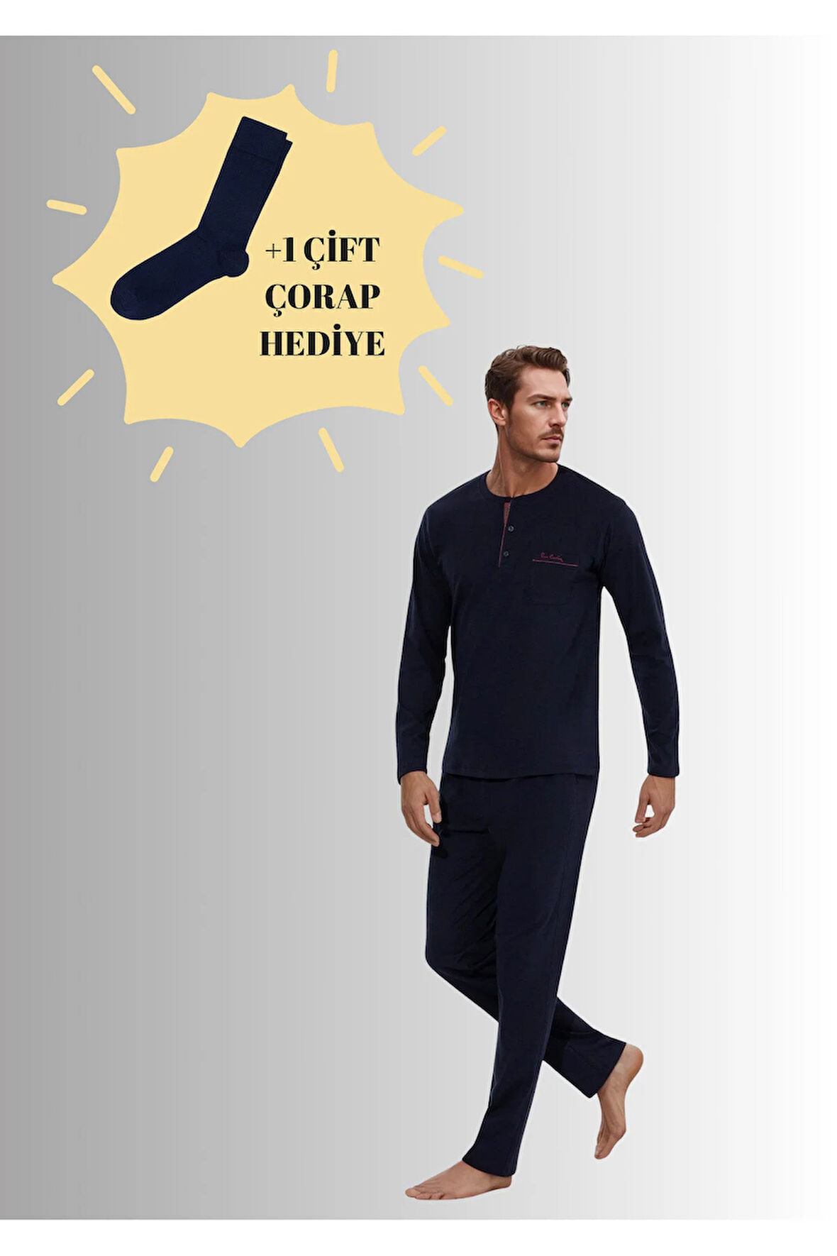 %100 Pamuklu Lacivert Kutulu Erkek Çeyiz Pijama Takımı (1 Çift Çorap Hediyeli) 6PQI5EKR6RKE5.3L