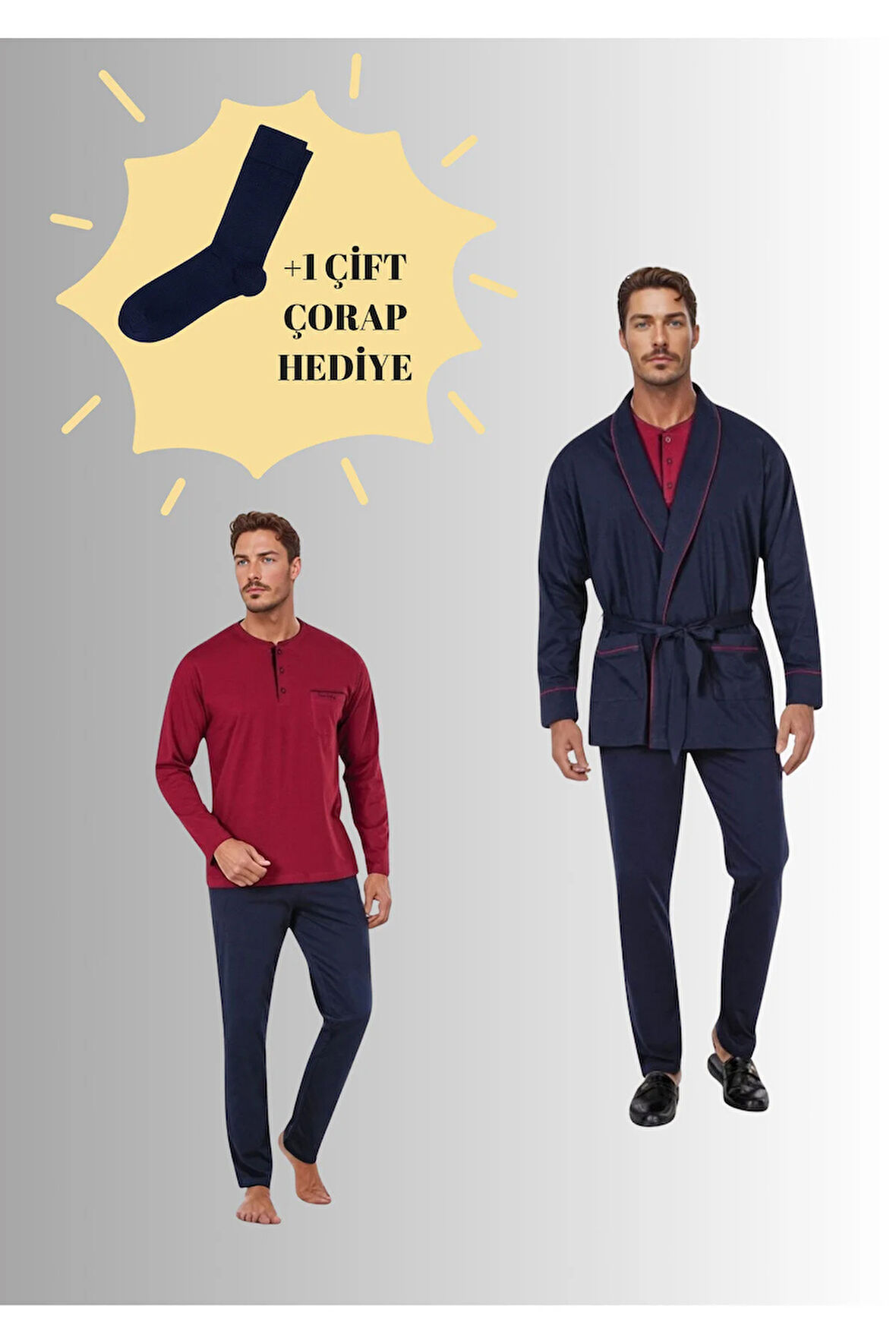 Robdöşambırlı Pijama Takımı 3'lü Kutulu Damat Çeyiz Seti (1 Çift Çorap Hediyeli) 6PQI7EKR1RKE6.4L