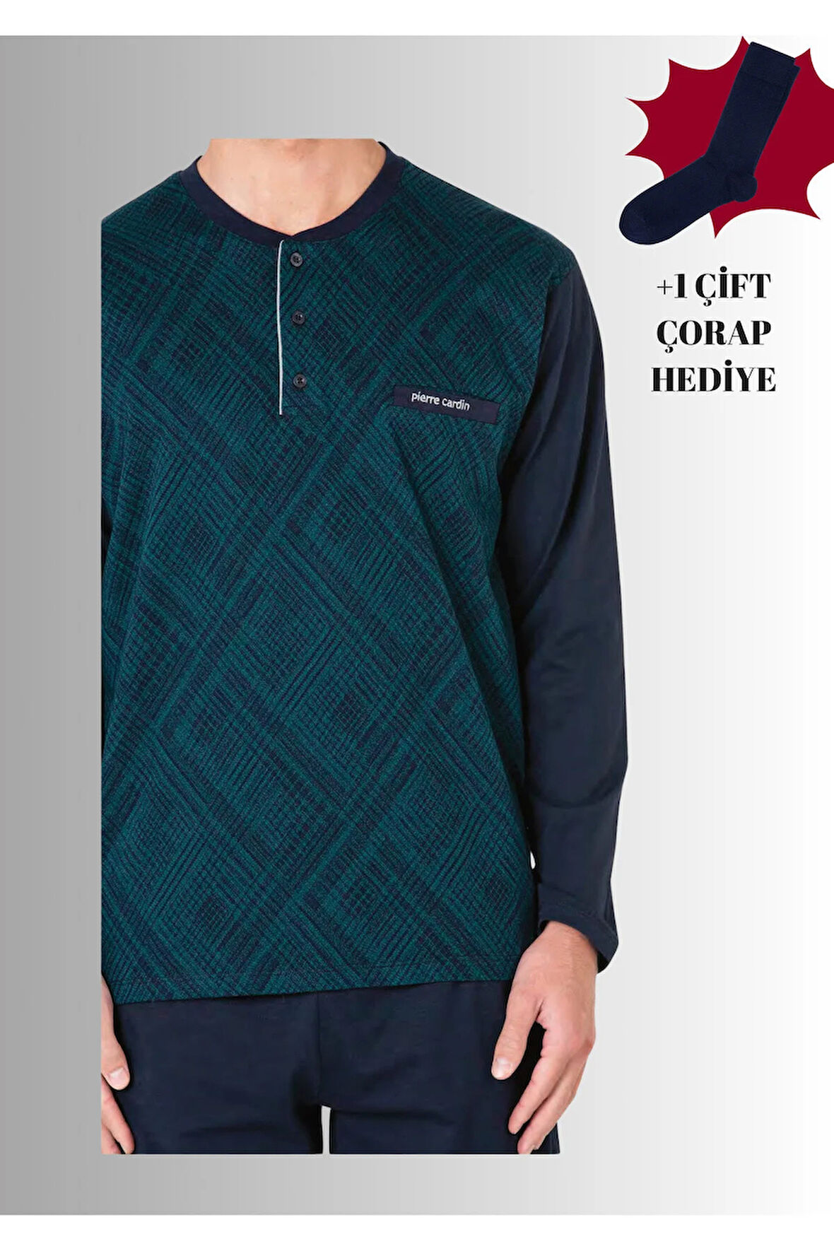 %100 Pamuklu Yarım Patlı Uzun Kol Düz Paça Jakarlı Pijama Takımı (Çorap Hediyeli)