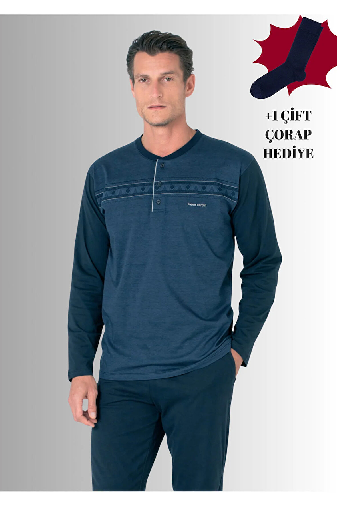 %100 Pamuklu Yarım Patlı Uzun Kol Düz Paça Jakarlı Pijama Takımı (Çorap Hediyeli)