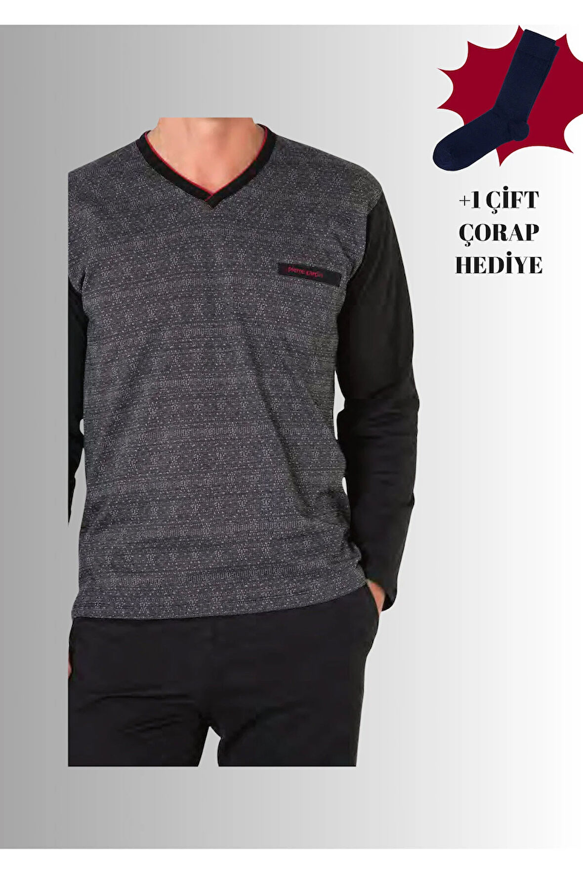 %100 Pamuklu V Yaka Uzun Kol Düz Paça Jakarlı Pijama Takımı (Çorap Hediyeli)